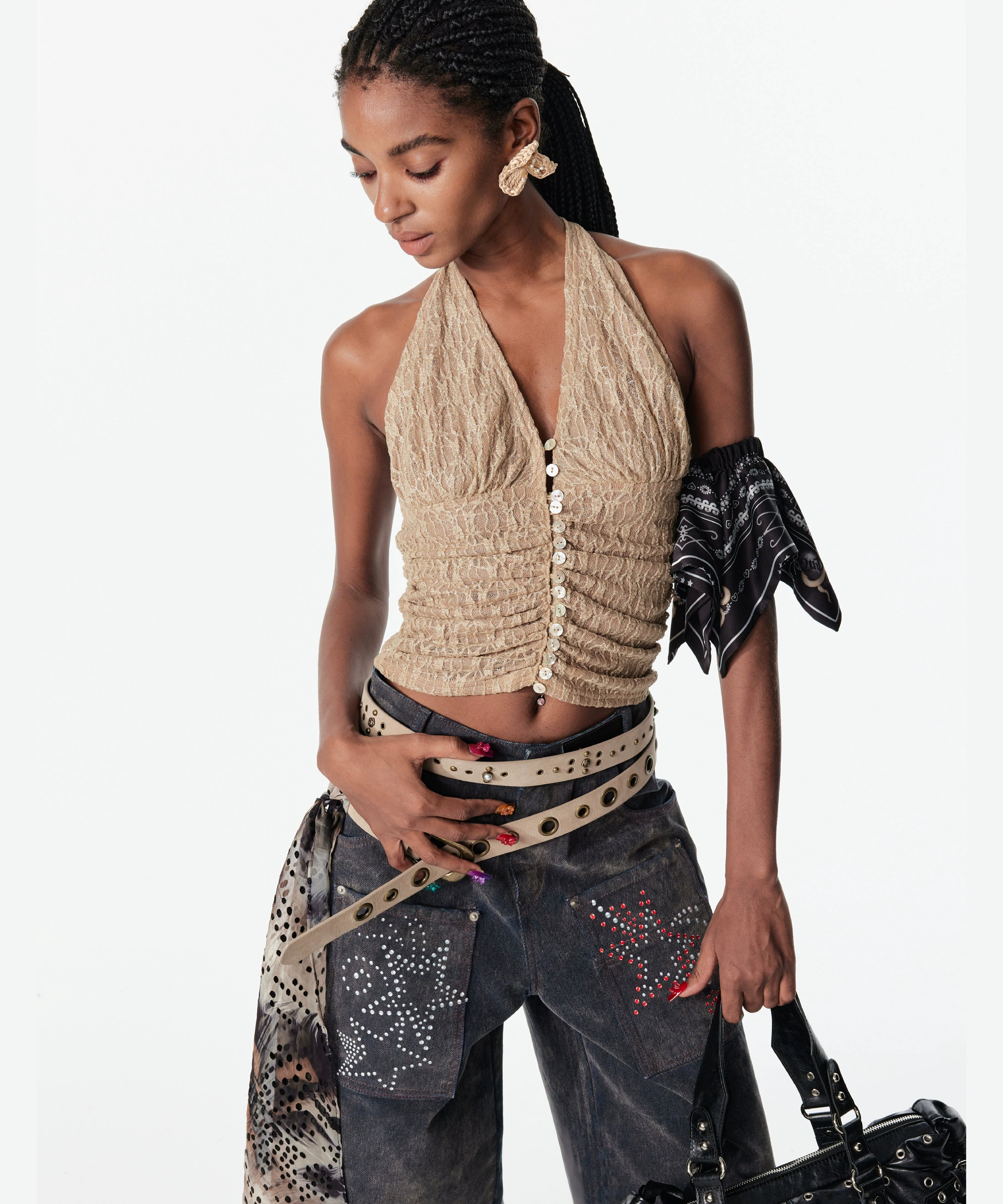 2th Desire亮闪肌理不规则豹纹褶皱贝壳扣辣妹背心吊带挂脖上衣女