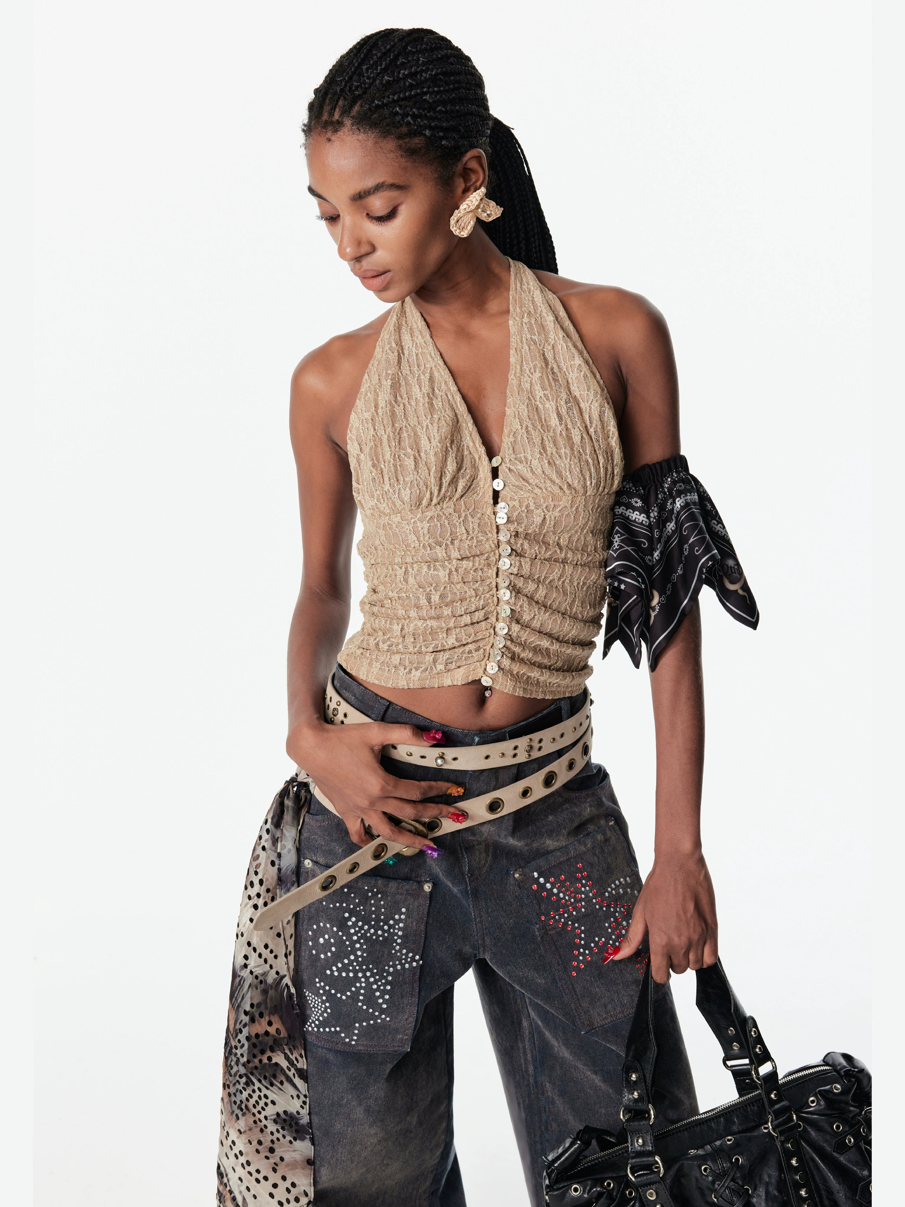 2th Desire亮闪肌理不规则豹纹褶皱贝壳扣辣妹背心吊带挂脖上衣女