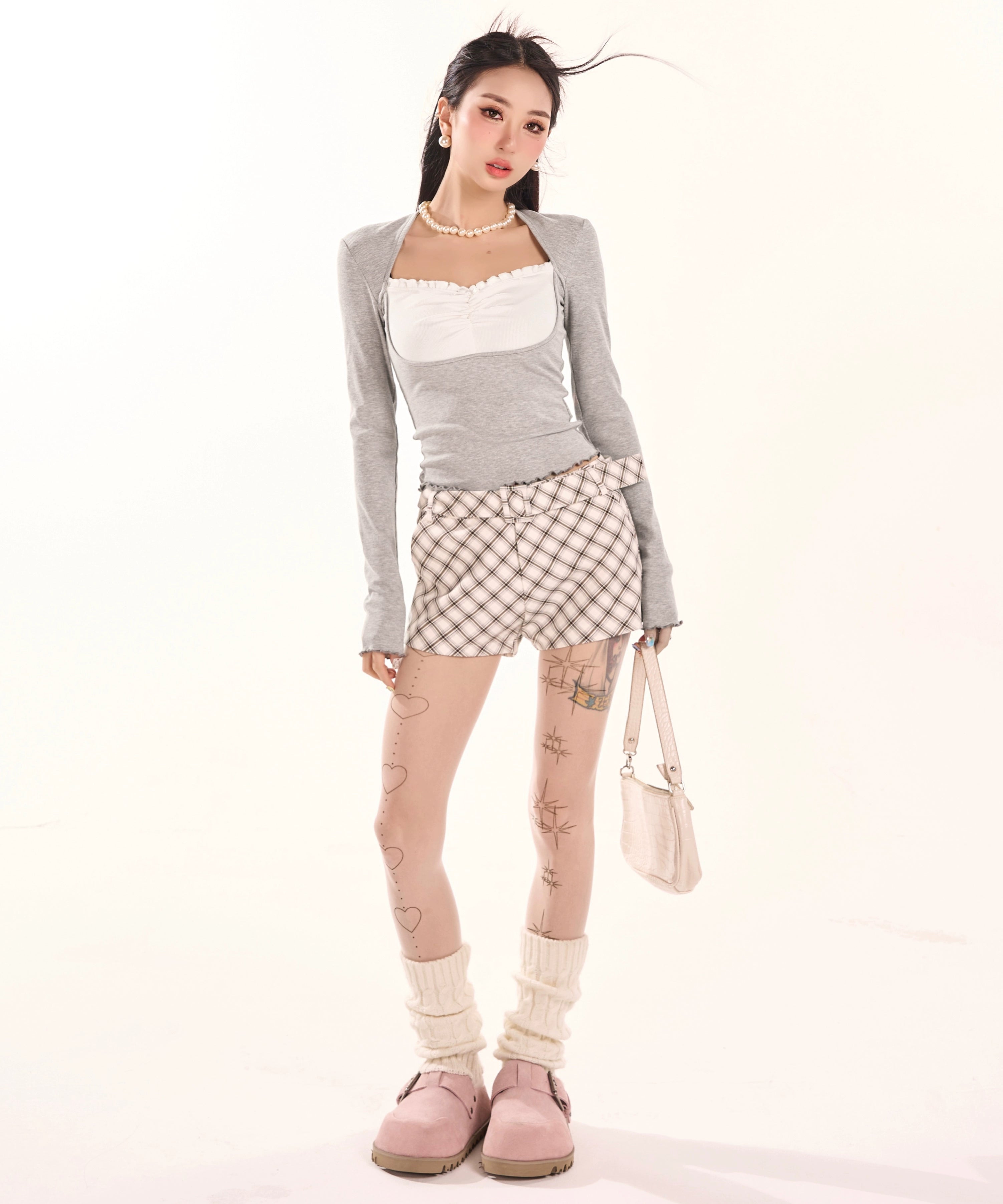 野生zerocircle灰色正肩长袖t恤女春秋辣妹修身显瘦v领假两件上衣