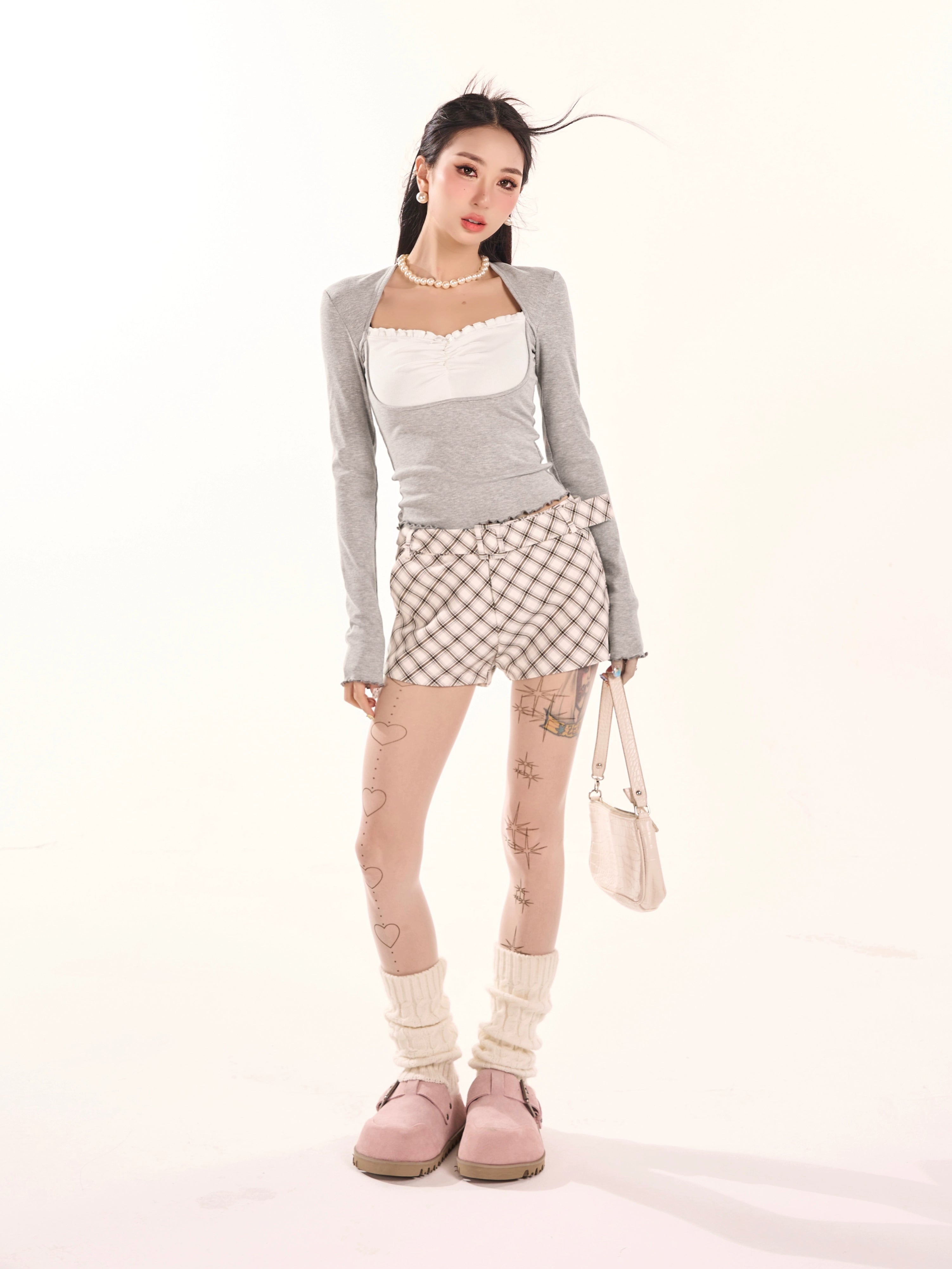 野生zerocircle灰色正肩长袖t恤女春秋辣妹修身显瘦v领假两件上衣