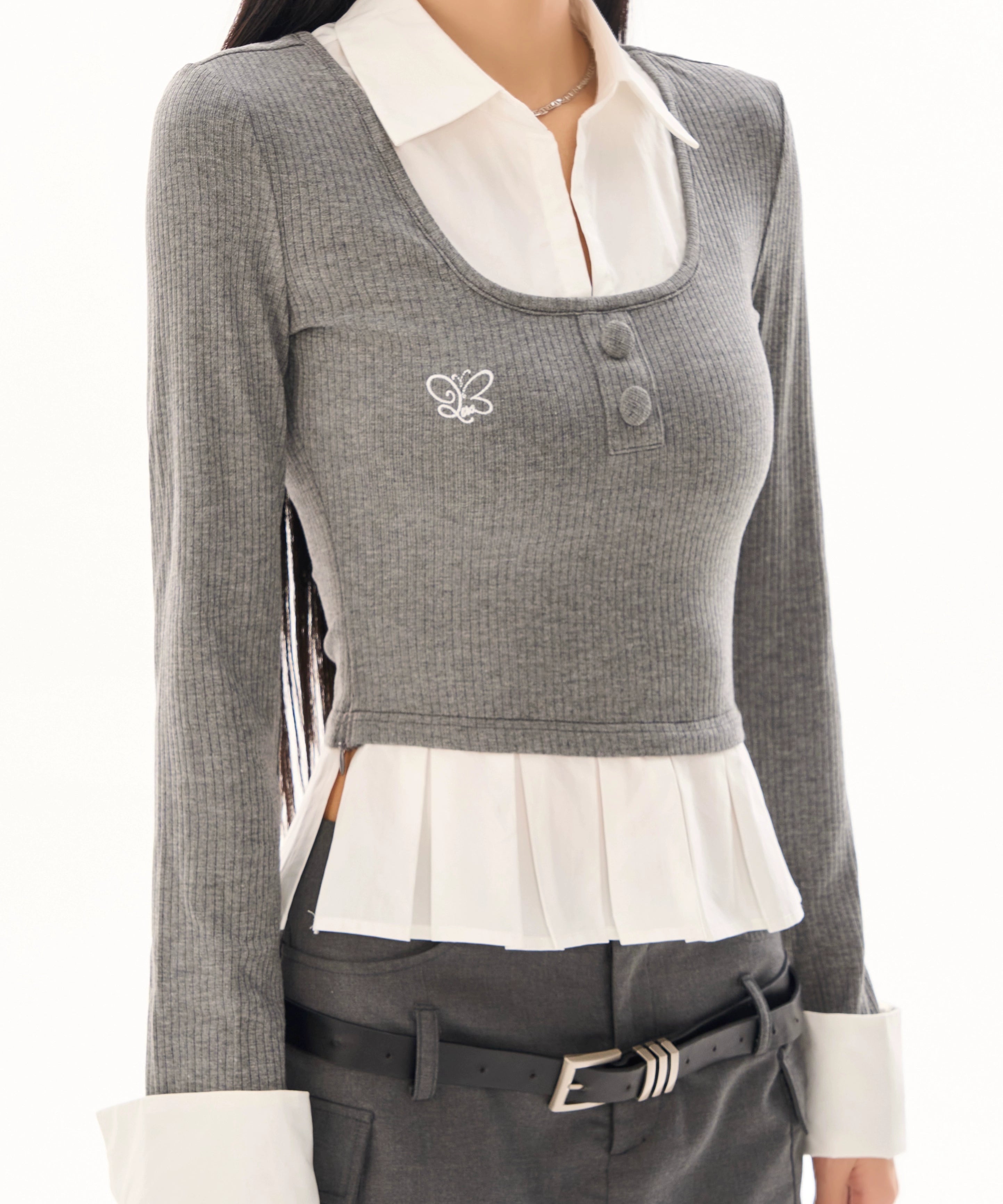 野生zerocircle灰色假两件针织衫女春季韩系修身显瘦拼接长袖上衣