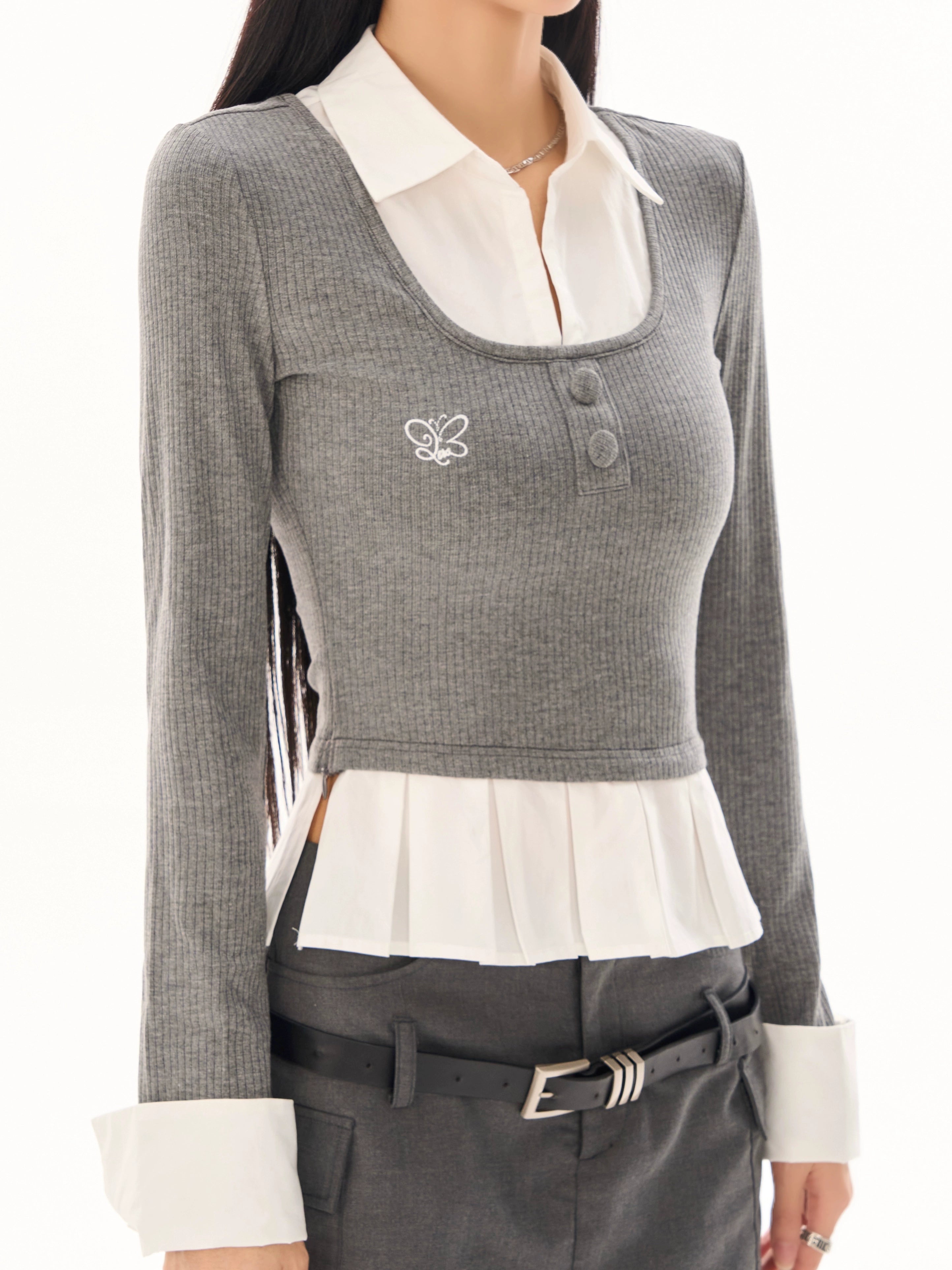 野生zerocircle灰色假两件针织衫女春季韩系修身显瘦拼接长袖上衣