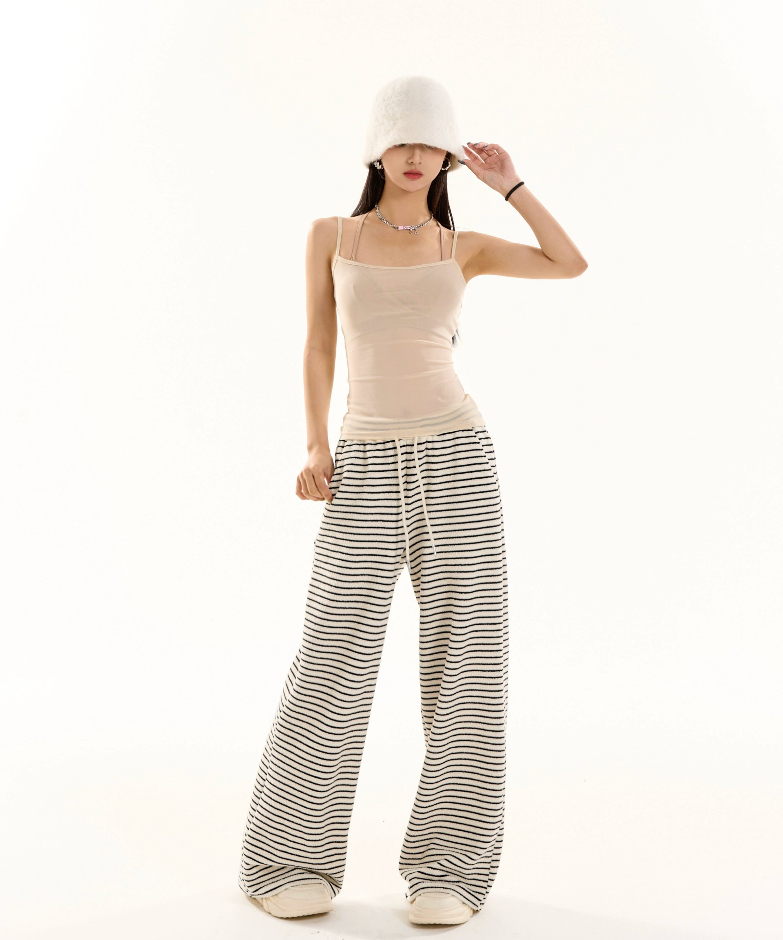 野生zero黑白条纹裤女夏季显瘦宽松慵懒风松紧腰阔腿直筒休闲裤子