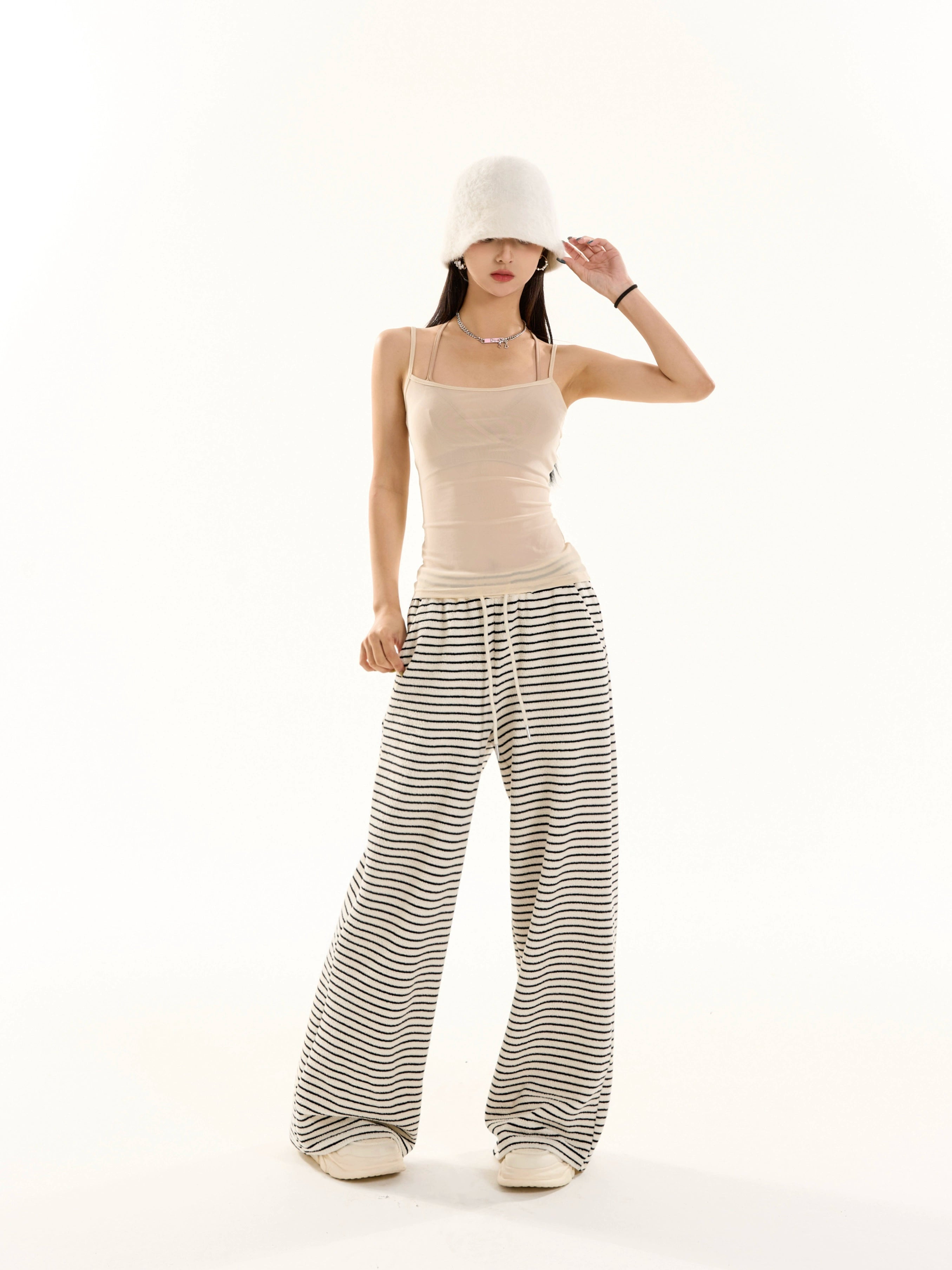 野生zero黑白条纹裤女夏季显瘦宽松慵懒风松紧腰阔腿直筒休闲裤子