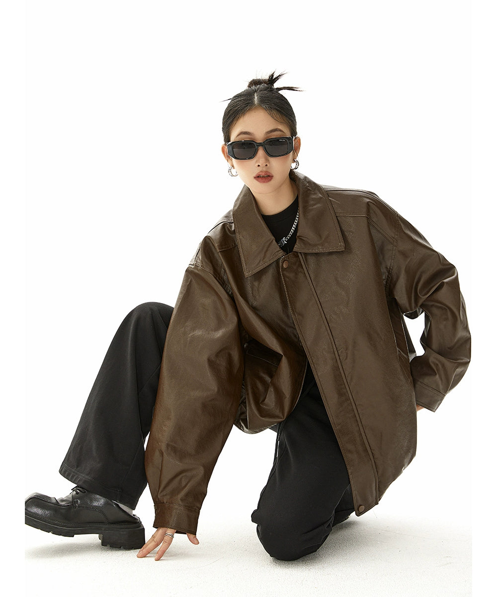 ICH MODE 美式复古棕色皮衣外套女秋冬美拉德皮夹克开衫上衣新款