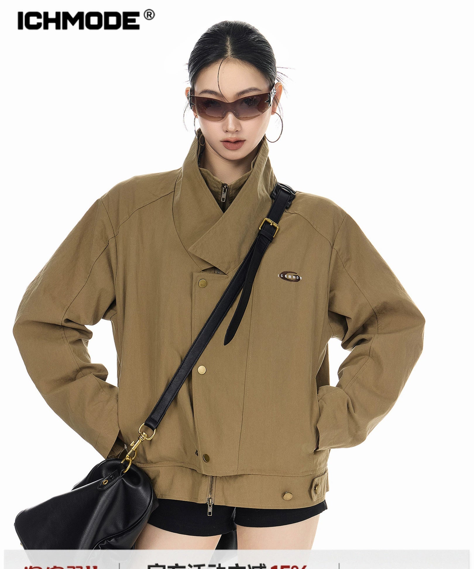 ICH MODE 美式复古假两件短款风衣外套女秋冬巴恩风开衫翻领夹克