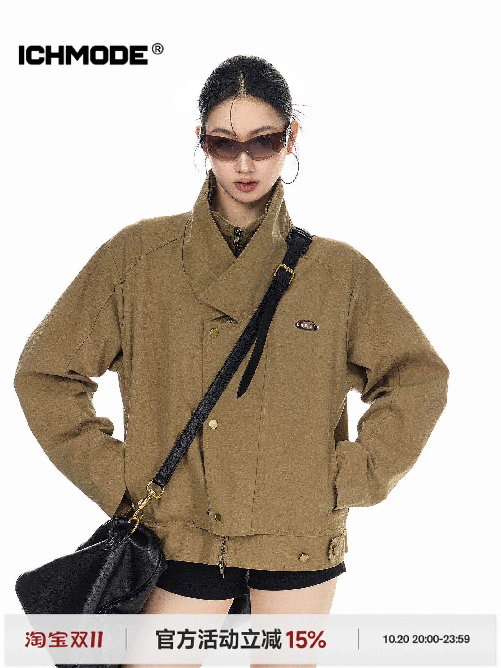 ICH MODE 美式复古假两件短款风衣外套女秋冬巴恩风开衫翻领夹克