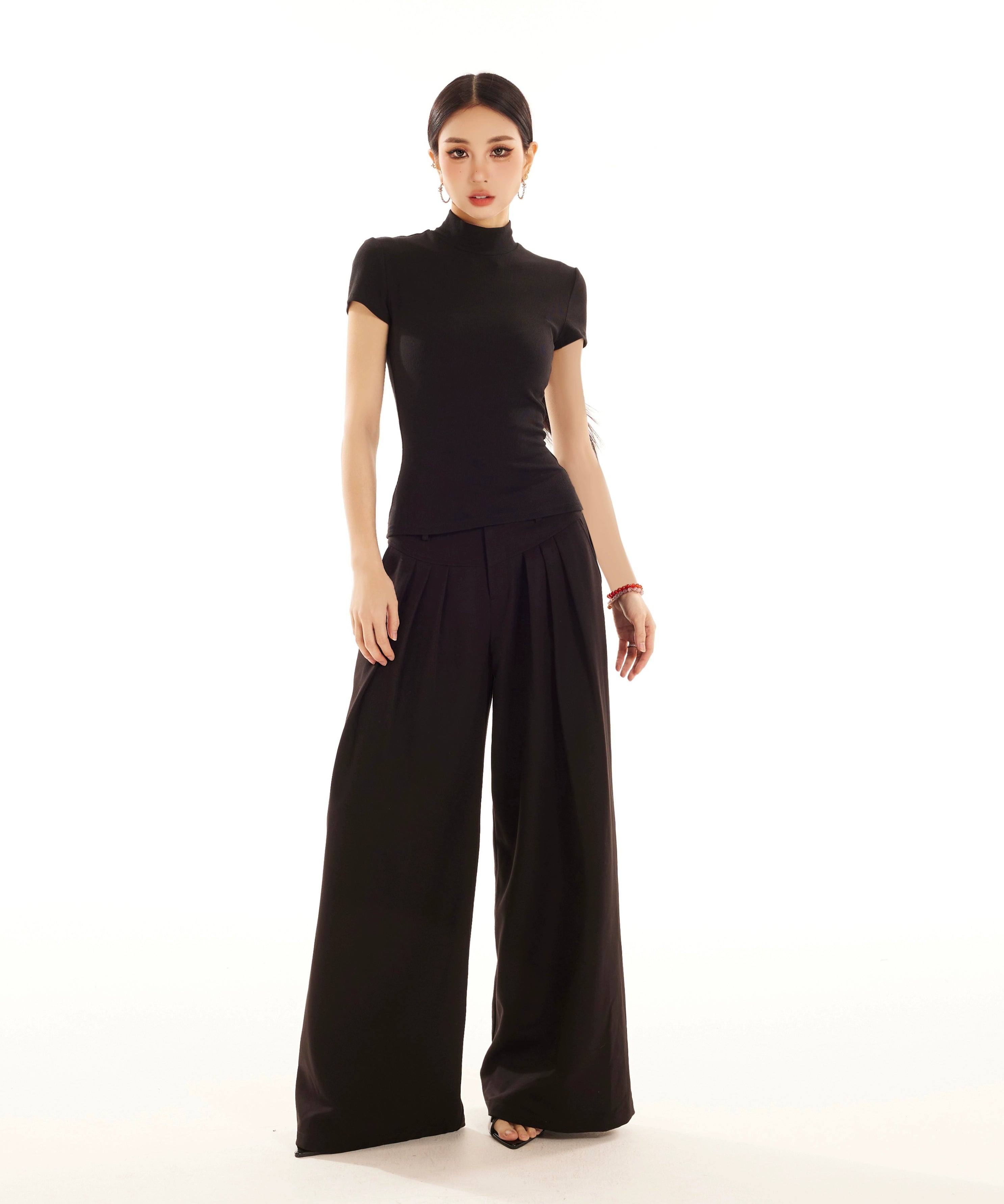 野生zerocircle 白黑灰色半高领正肩短袖t恤女夏修身显瘦针织上衣