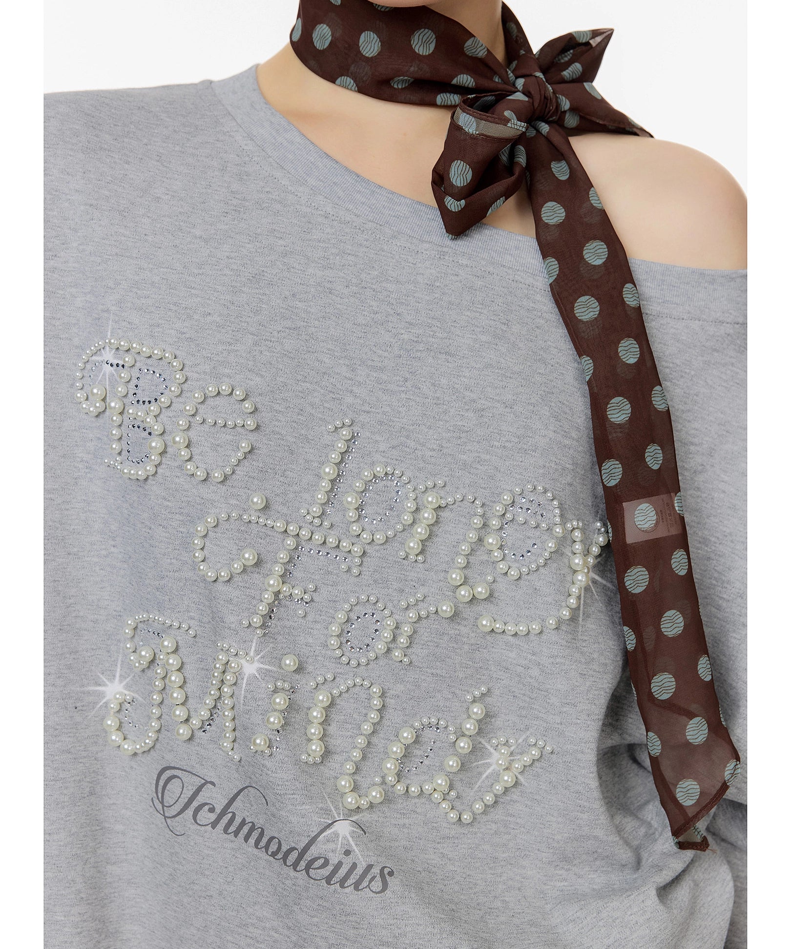 ICH MODE 美式复古珍珠斜肩T恤女2025新款秋冬宽松长袖露肩上衣t