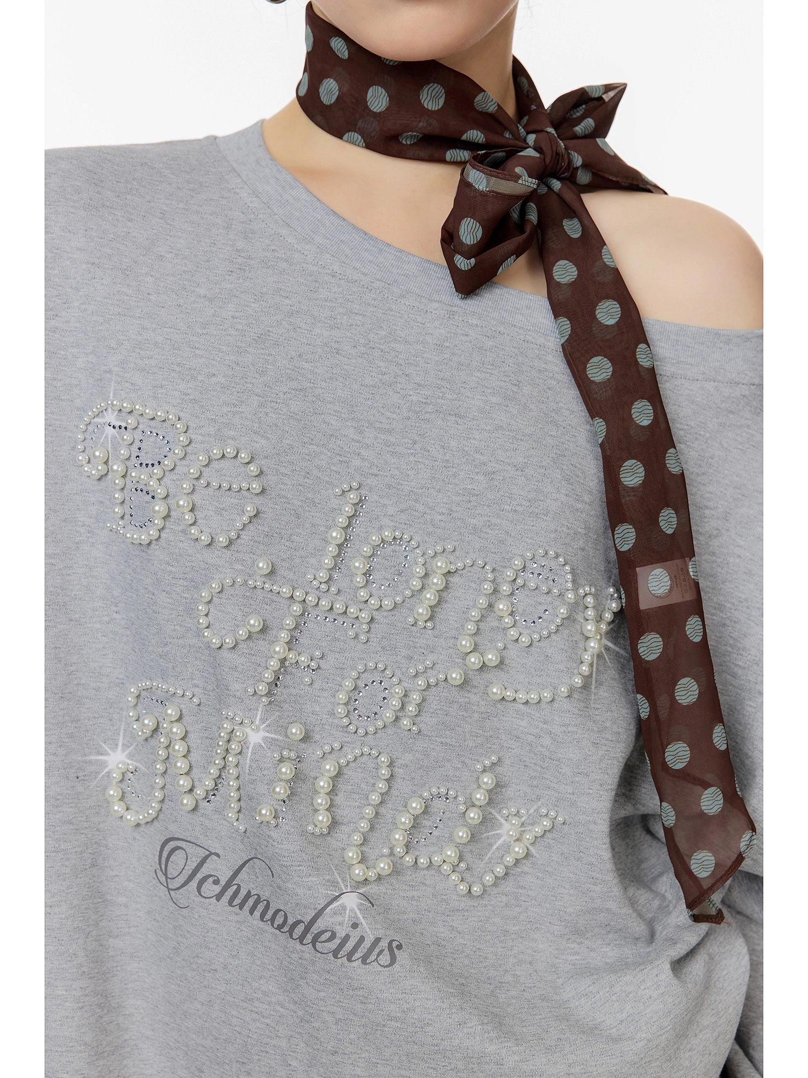 ICH MODE 美式复古珍珠斜肩T恤女2025新款秋冬宽松长袖露肩上衣t