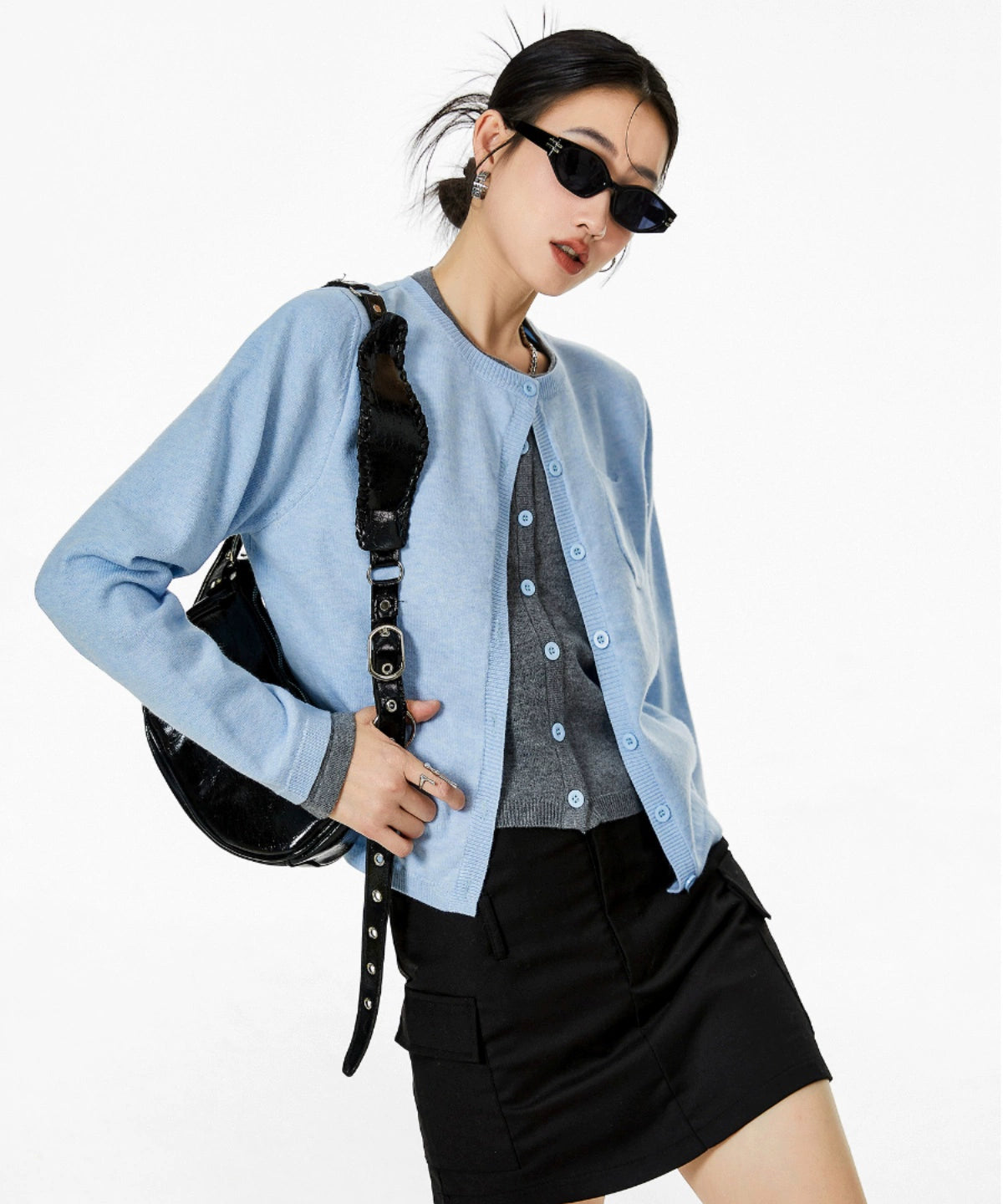 ICH MODE 美式复古假两件针织开衫女秋冬毛衣外套打底衫长袖上衣