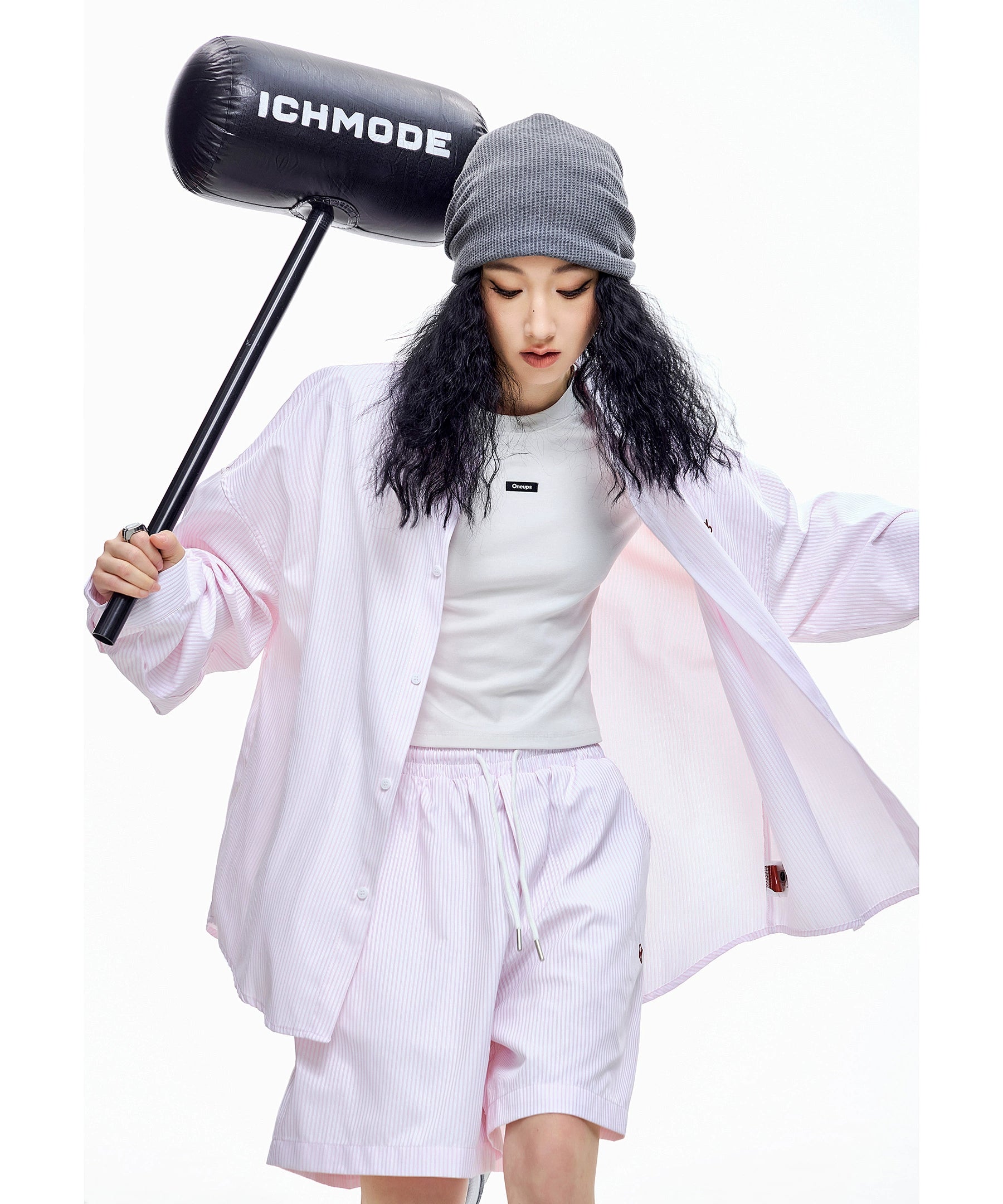 ICH MODE 美式复古条纹蓝色长袖衬衫女秋冬宽松百搭休闲衬衣外套