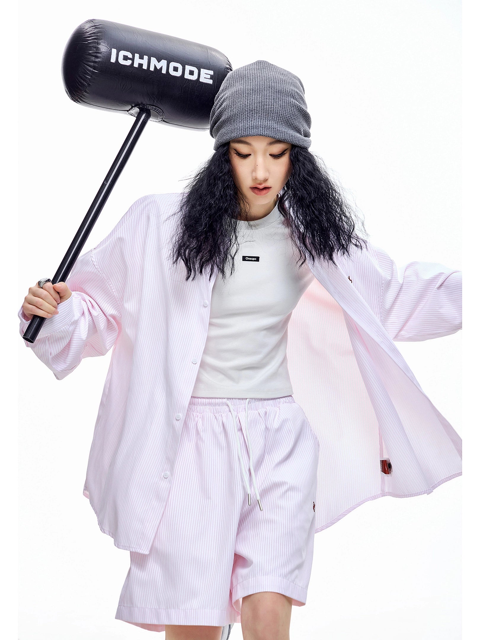 ICH MODE 美式复古条纹蓝色长袖衬衫女秋冬宽松百搭休闲衬衣外套