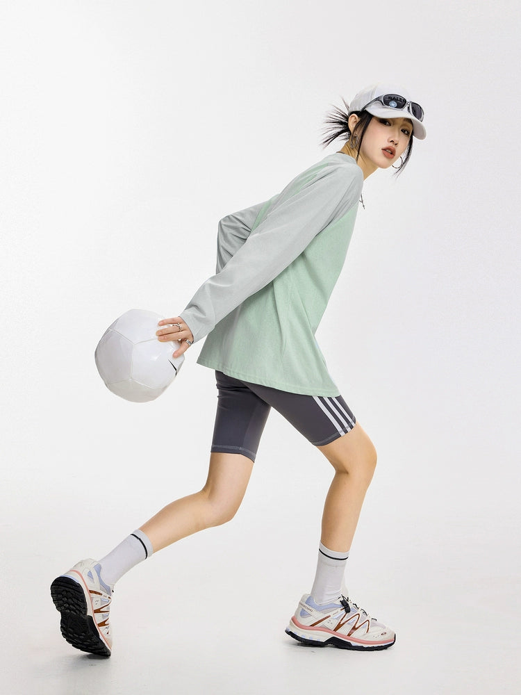 ICH MODE 美式复古插肩袖长袖T恤女夏季新款宽松拼接撞色圆领上衣