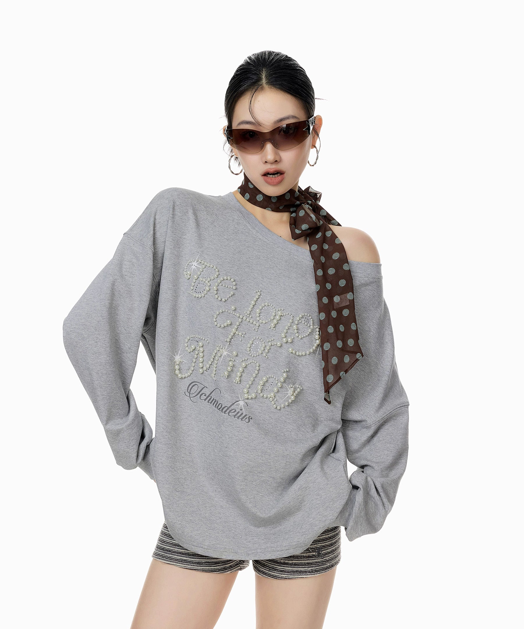 ICH MODE 美式复古珍珠斜肩T恤女2025新款秋冬宽松长袖露肩上衣t