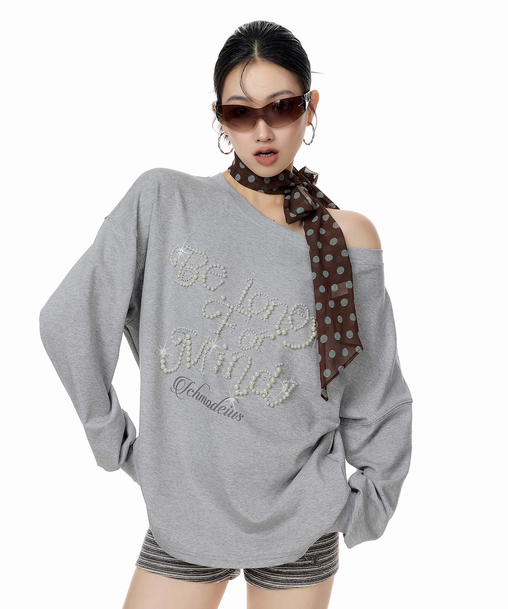 ICH MODE 美式复古珍珠斜肩T恤女2025新款秋冬宽松长袖露肩上衣t