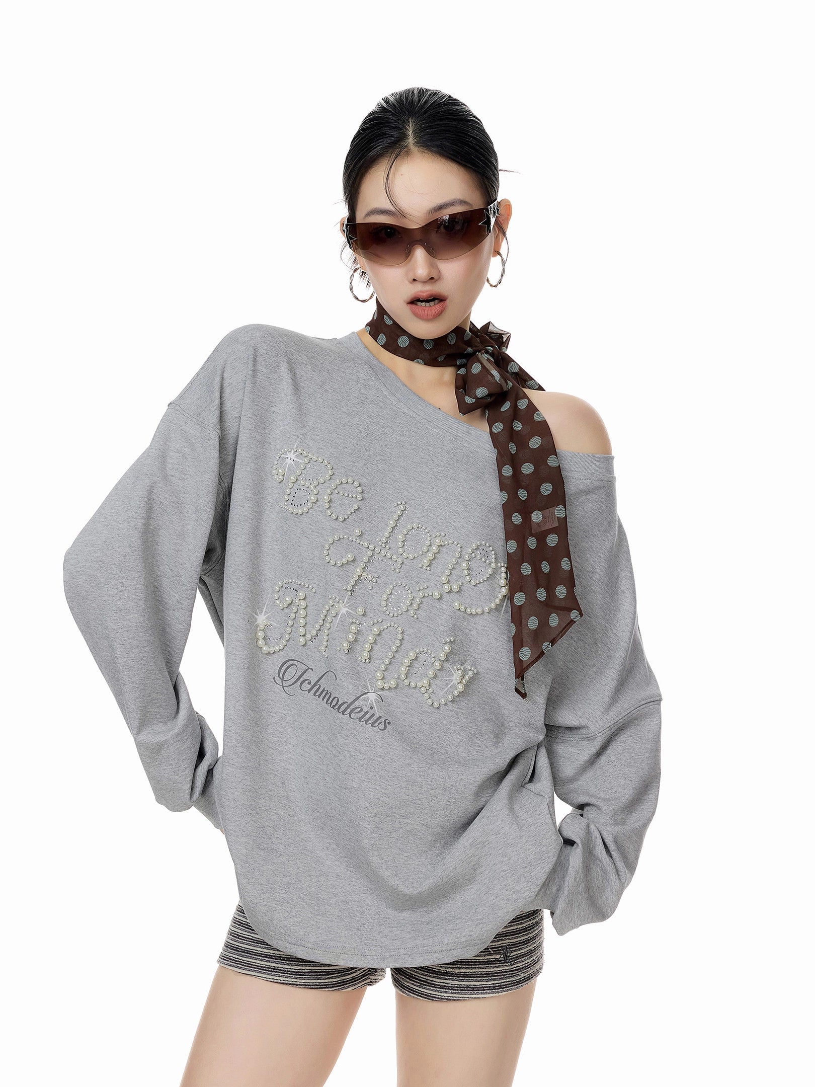 ICH MODE 美式复古珍珠斜肩T恤女2025新款秋冬宽松长袖露肩上衣t