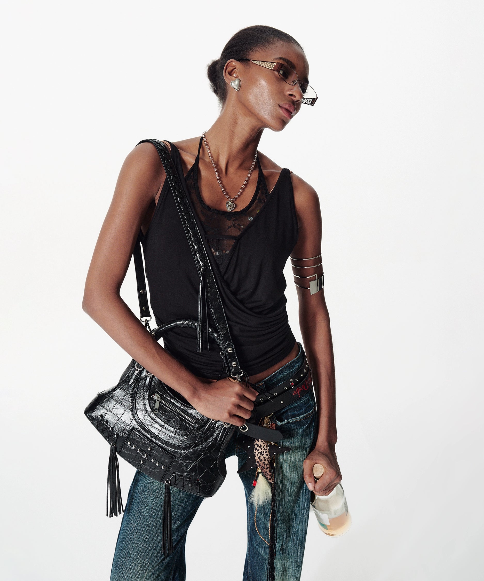 2th Desire重工复古流苏金属铆钉朋克机车包解构斜挎包单肩腋下包