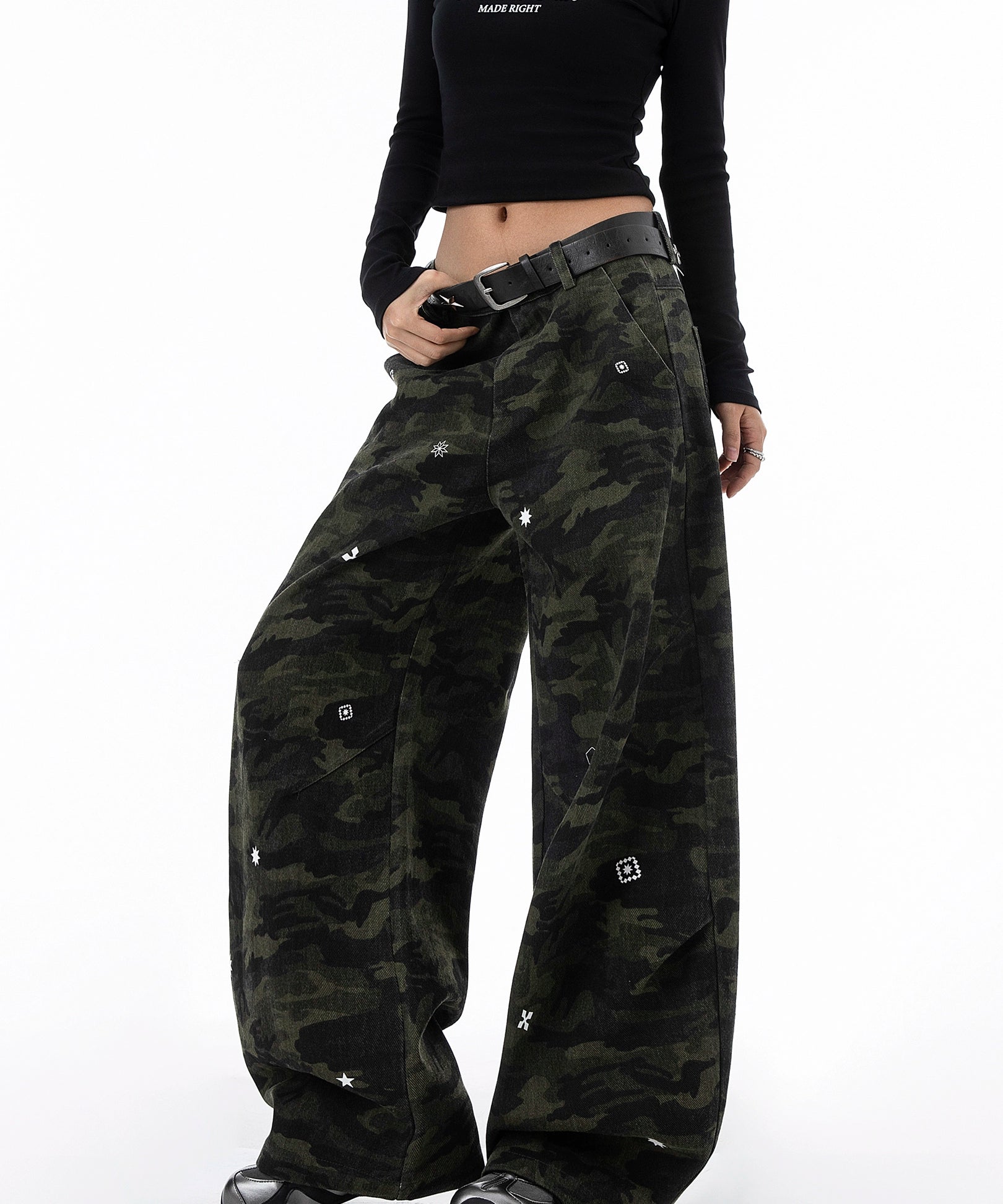 ICH MODE 美式复古星星休闲裤女宽松工装裤迷彩裤直筒阔腿运动裤