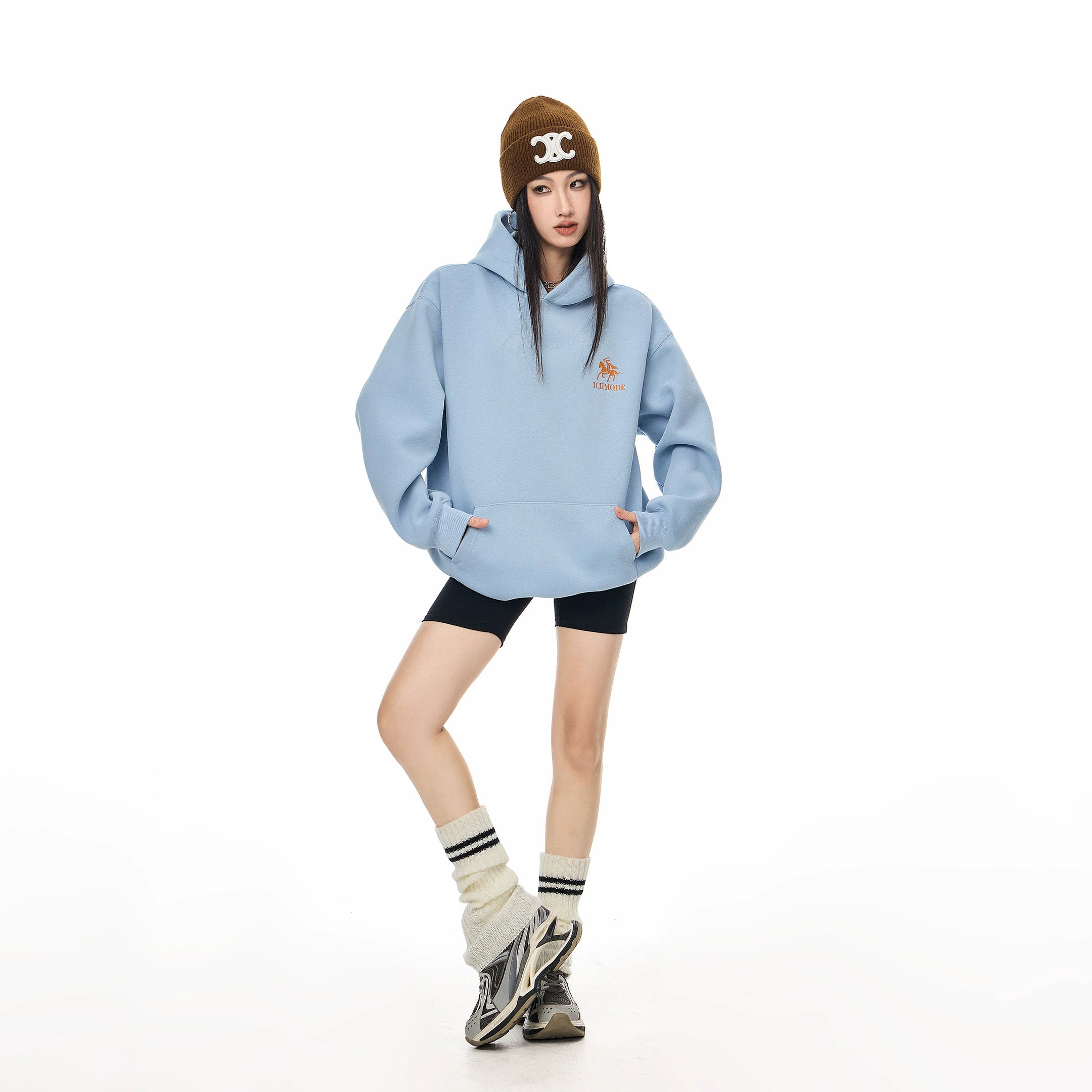 ICH MODE 美式复古印花宽松连帽卫衣女秋冬重磅上衣休闲帽衫外套