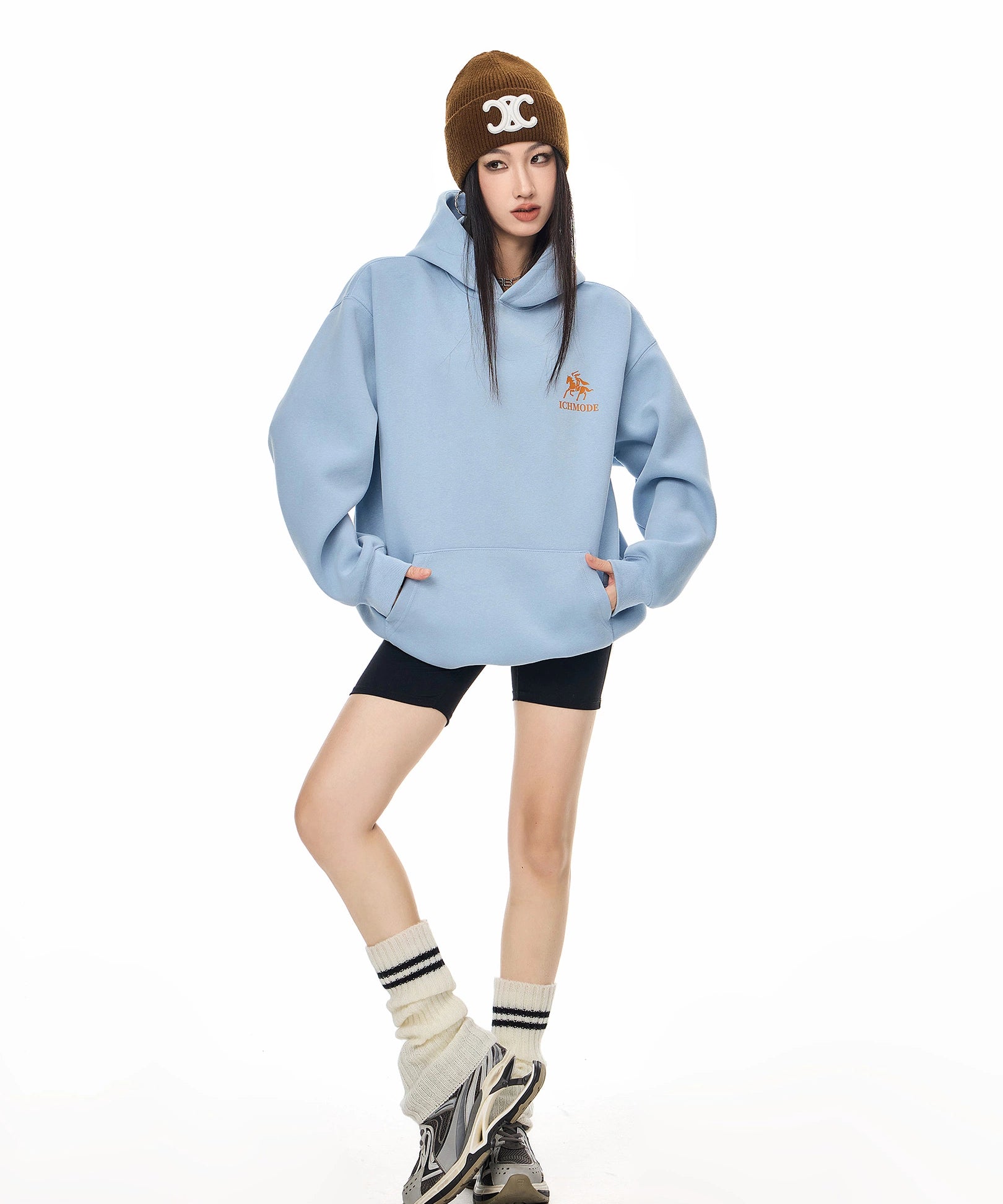 ICH MODE 美式复古印花宽松连帽卫衣女秋冬重磅上衣休闲帽衫外套