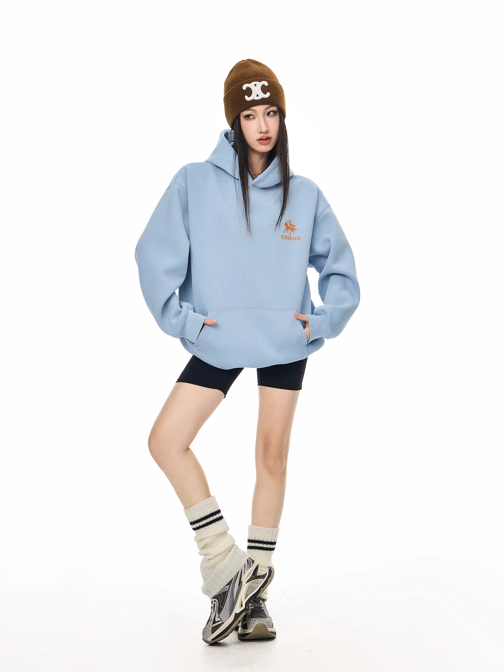 ICH MODE 美式复古印花宽松连帽卫衣女秋冬重磅上衣休闲帽衫外套