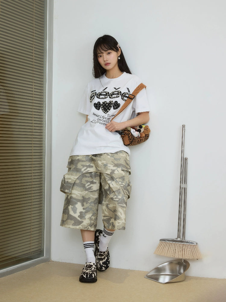 “爱纯”| eeee小香风爱心贴布短袖美式设计感珍珠钉珠字母T恤夏