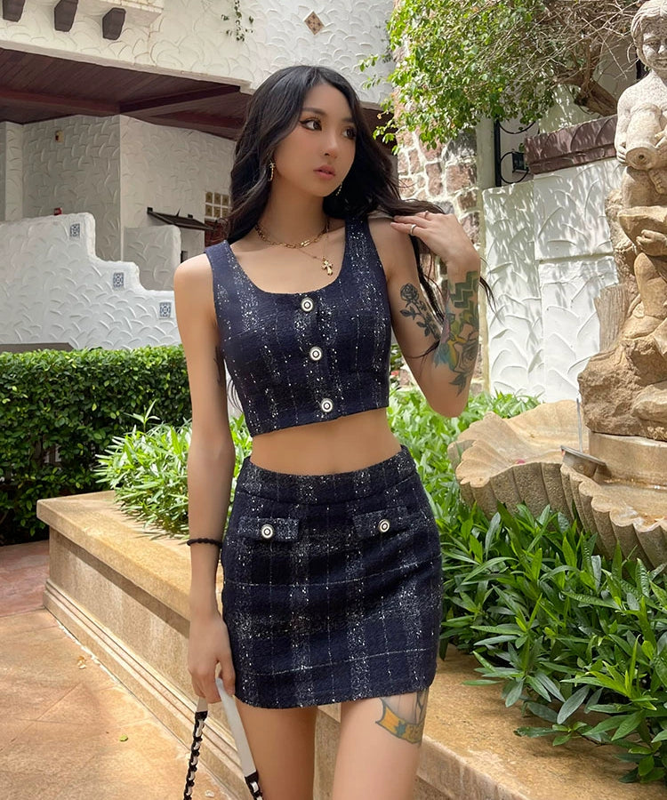 野生zero 蓝色小香套装女夏季外穿短款吊带背心格子a字半身短裙子