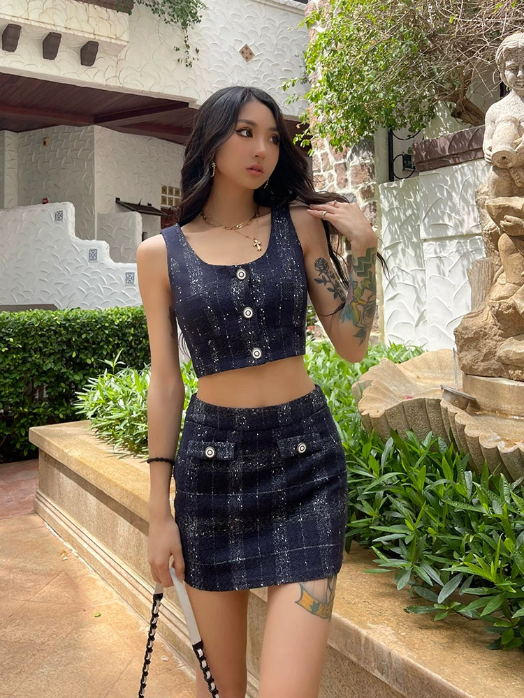 野生zero 蓝色小香套装女夏季外穿短款吊带背心格子a字半身短裙子
