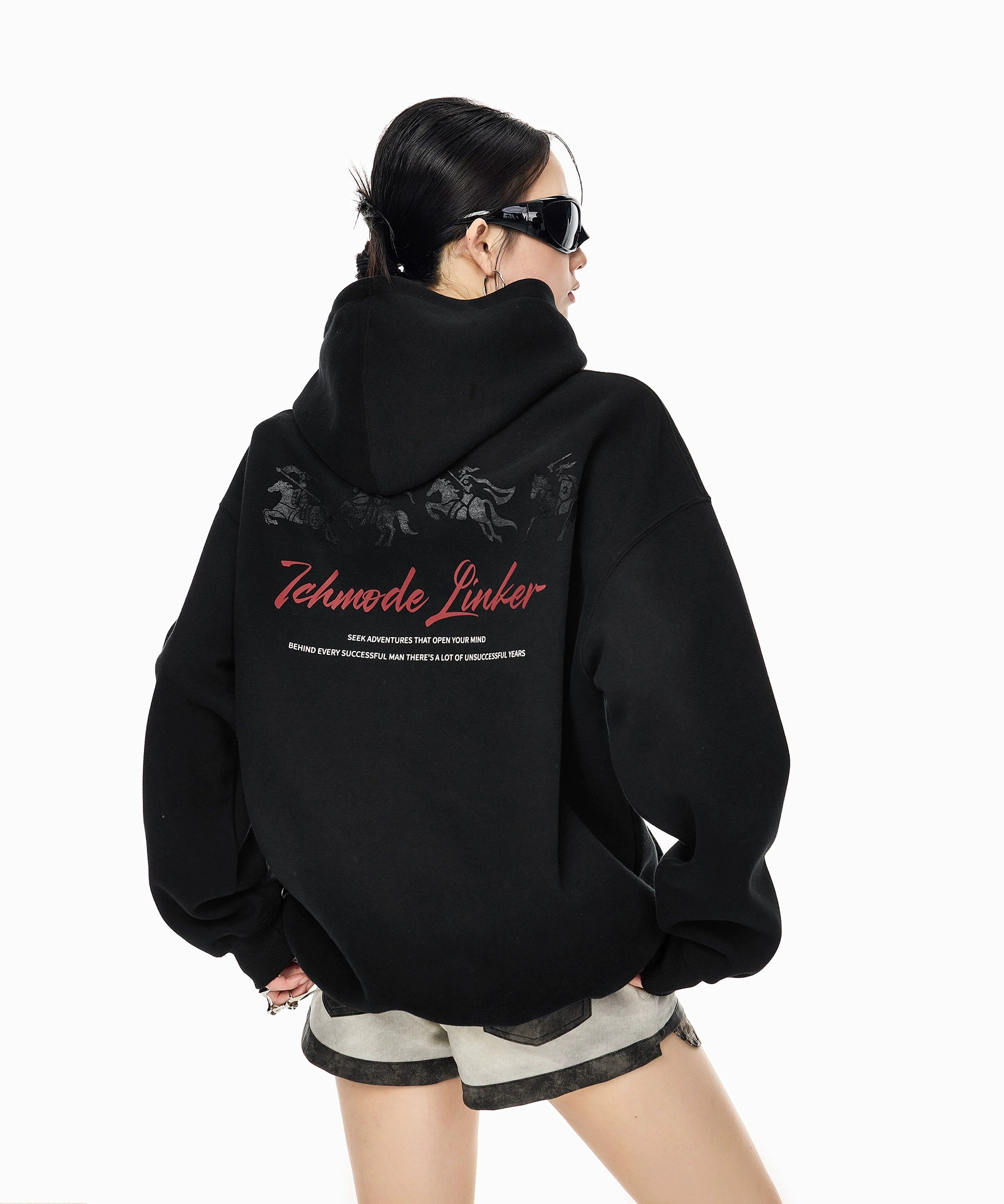 ICH MODE 美式复古印花宽松连帽卫衣女秋冬重磅上衣休闲帽衫外套