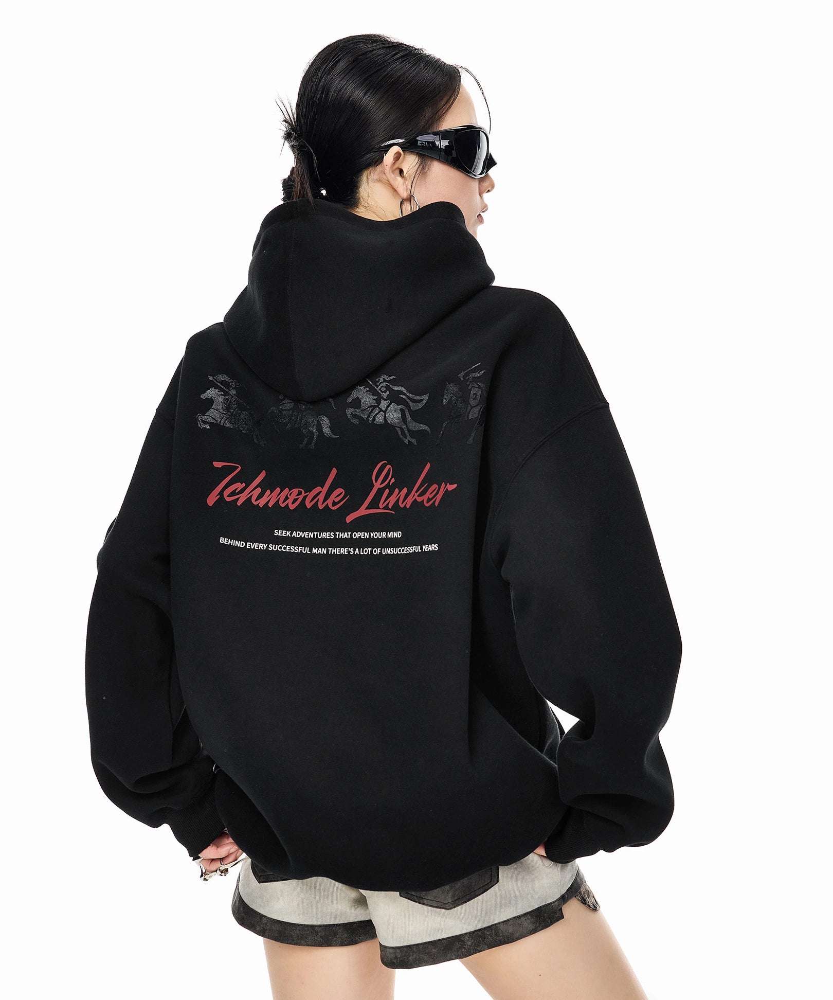 ICH MODE 美式复古印花宽松连帽卫衣女秋冬重磅上衣休闲帽衫外套