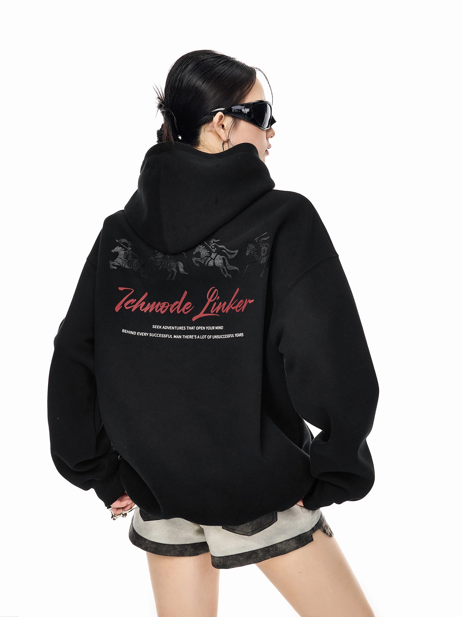 ICH MODE 美式复古印花宽松连帽卫衣女秋冬重磅上衣休闲帽衫外套