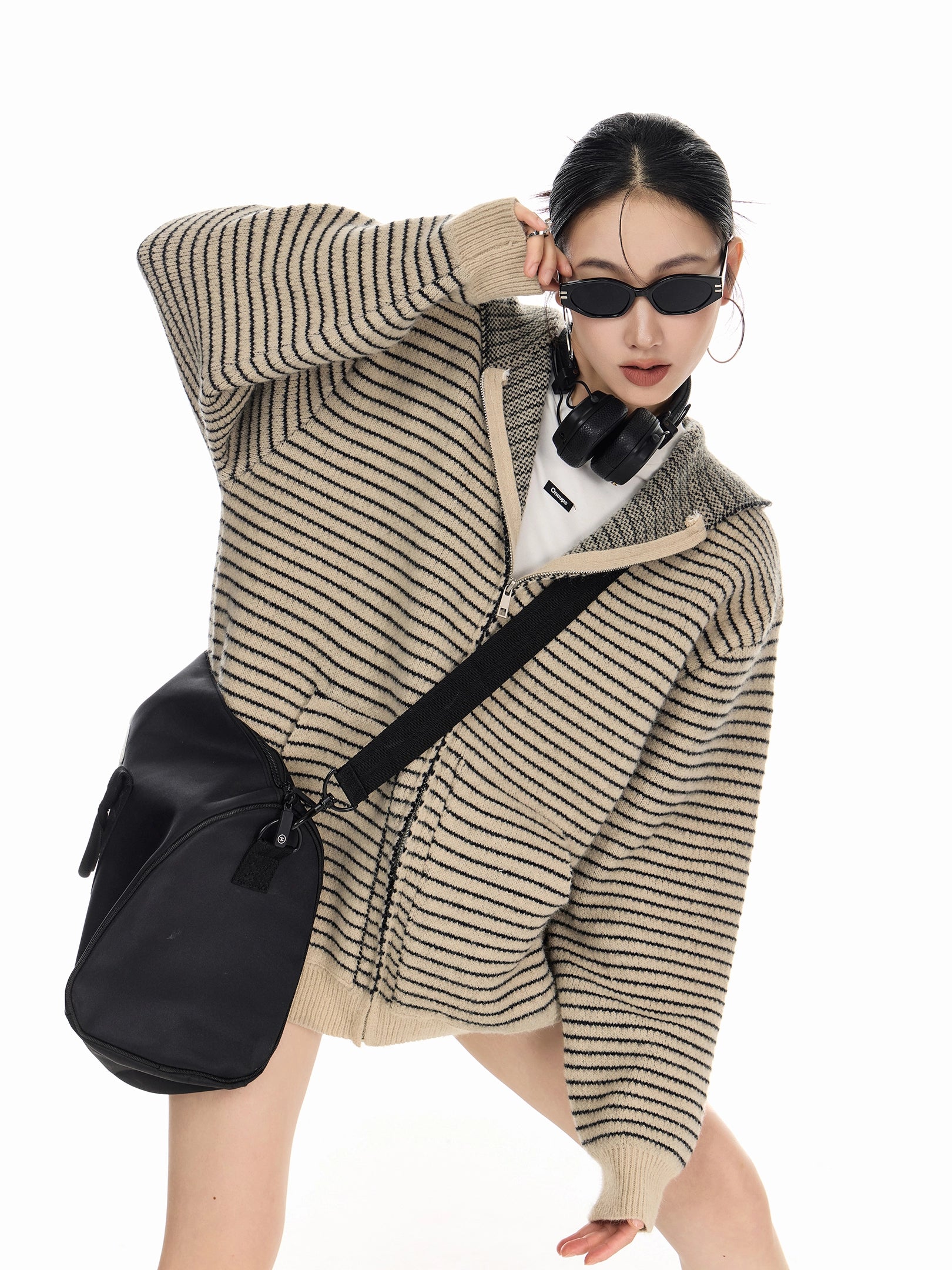 ICH MODE 美式复古条纹连帽针织开衫女2025新款秋冬外搭毛衣外套