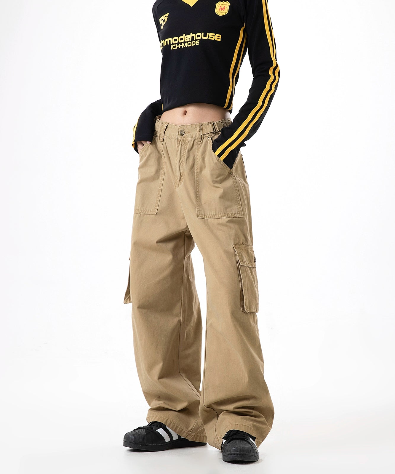 ICH MODE 美式复古口袋工装裤女2025新款秋宽松直筒阔腿休闲裤