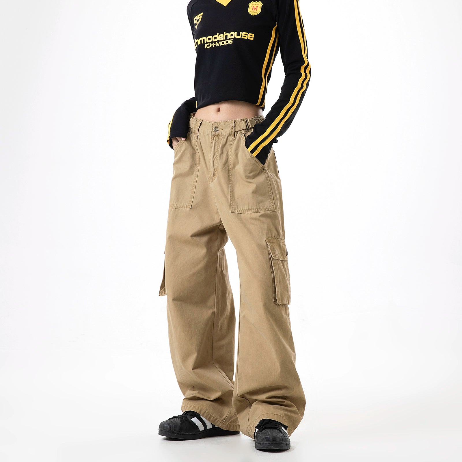 ICH MODE 美式复古口袋工装裤女2025新款秋宽松直筒阔腿休闲裤