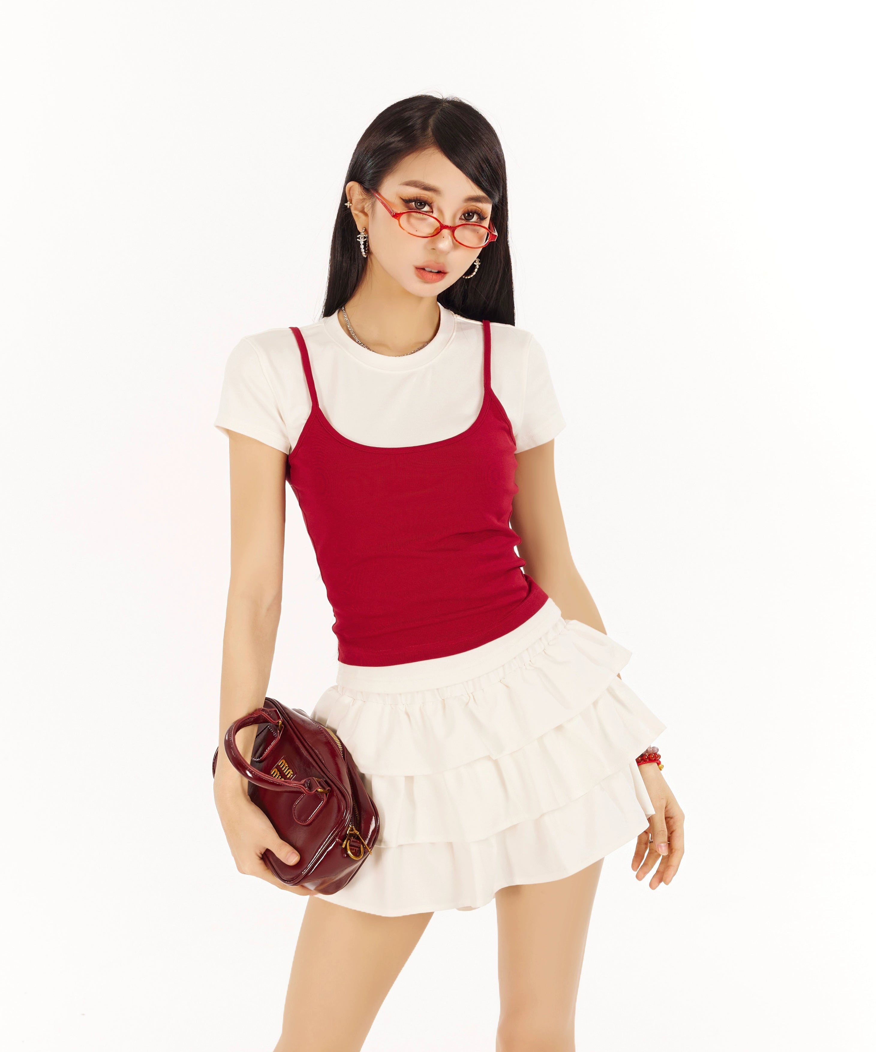 野生zero 撞色正肩短袖t恤女夏辣妹设计感显瘦修身短款假两件上衣