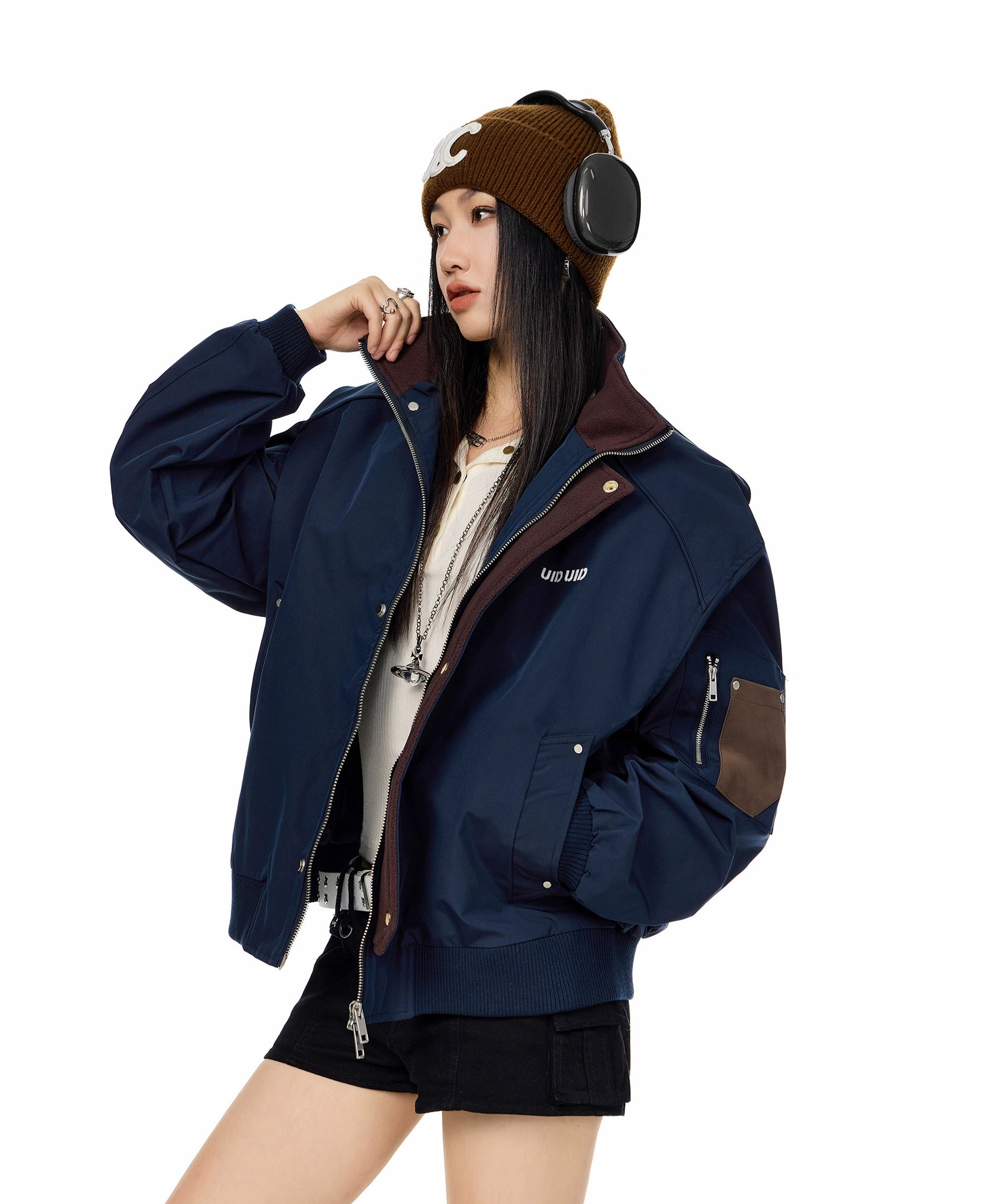 ICH MODE 美式复古撞色立领外套女2025新款秋冬工装夹克休闲上衣