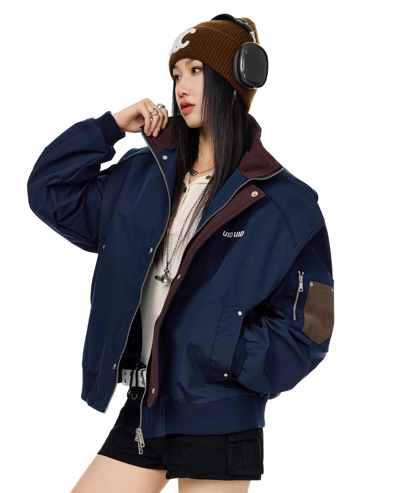 ICH MODE 美式复古撞色立领外套女2025新款秋冬工装夹克休闲上衣