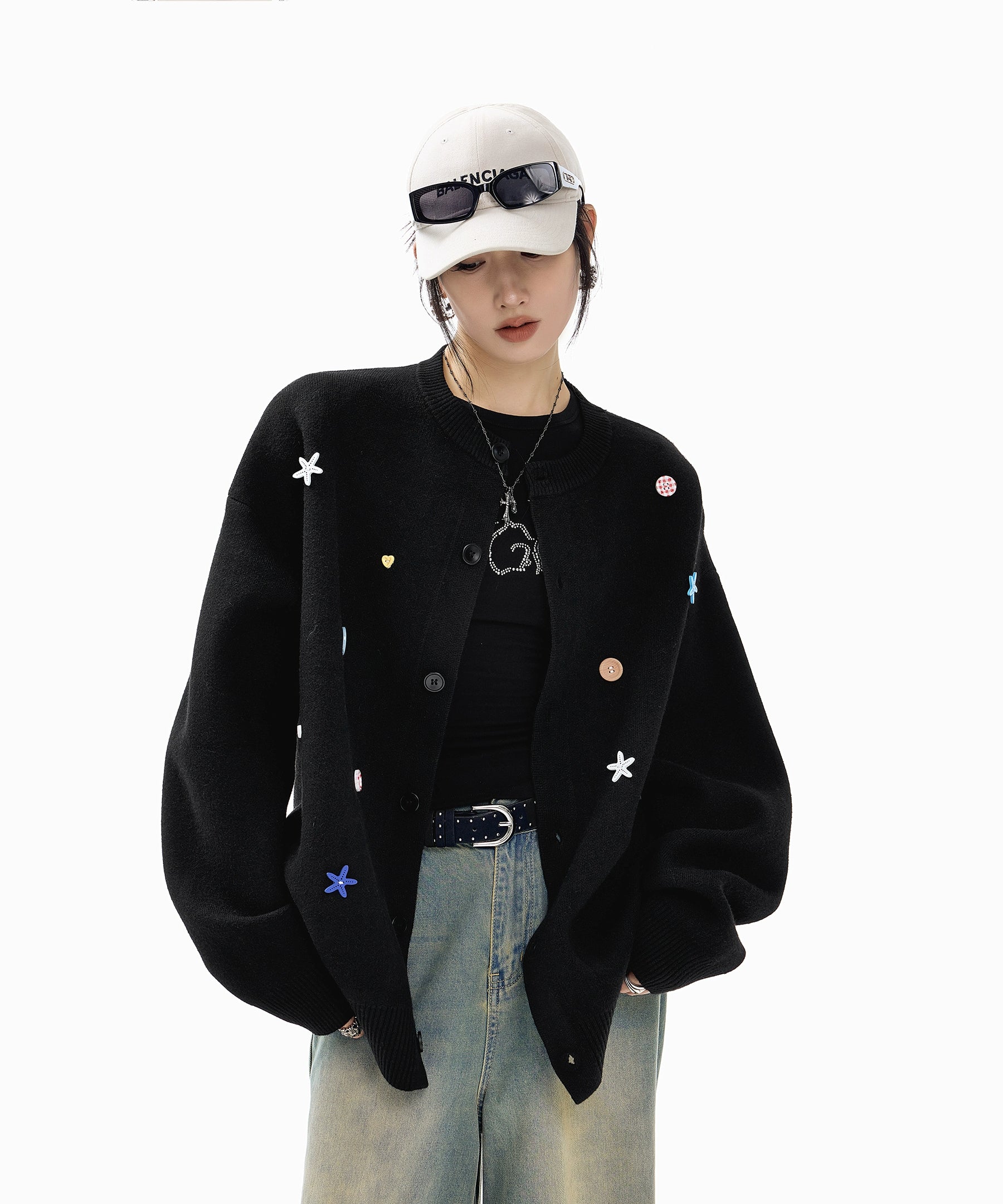 ICH MODE 美式复古海星纽扣针织开衫女秋冬季慵懒氛围感毛衣外套