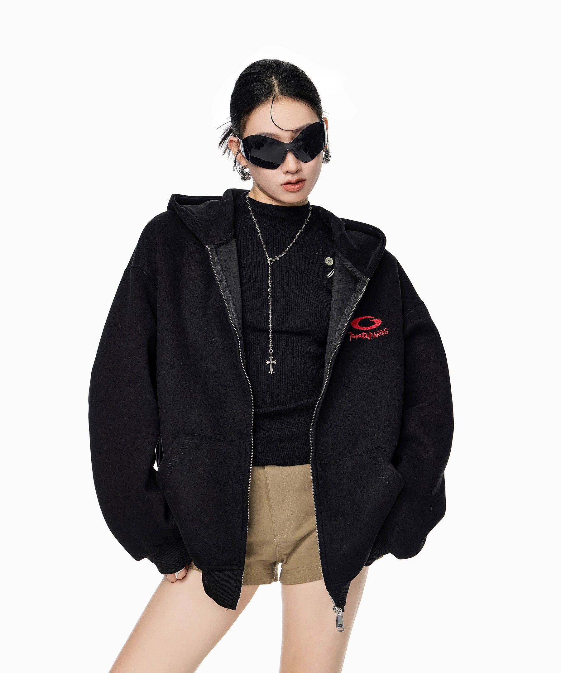 ICH MODE 美式复古刺绣连帽外套女秋冬宽松开衫卫衣休闲百搭上衣