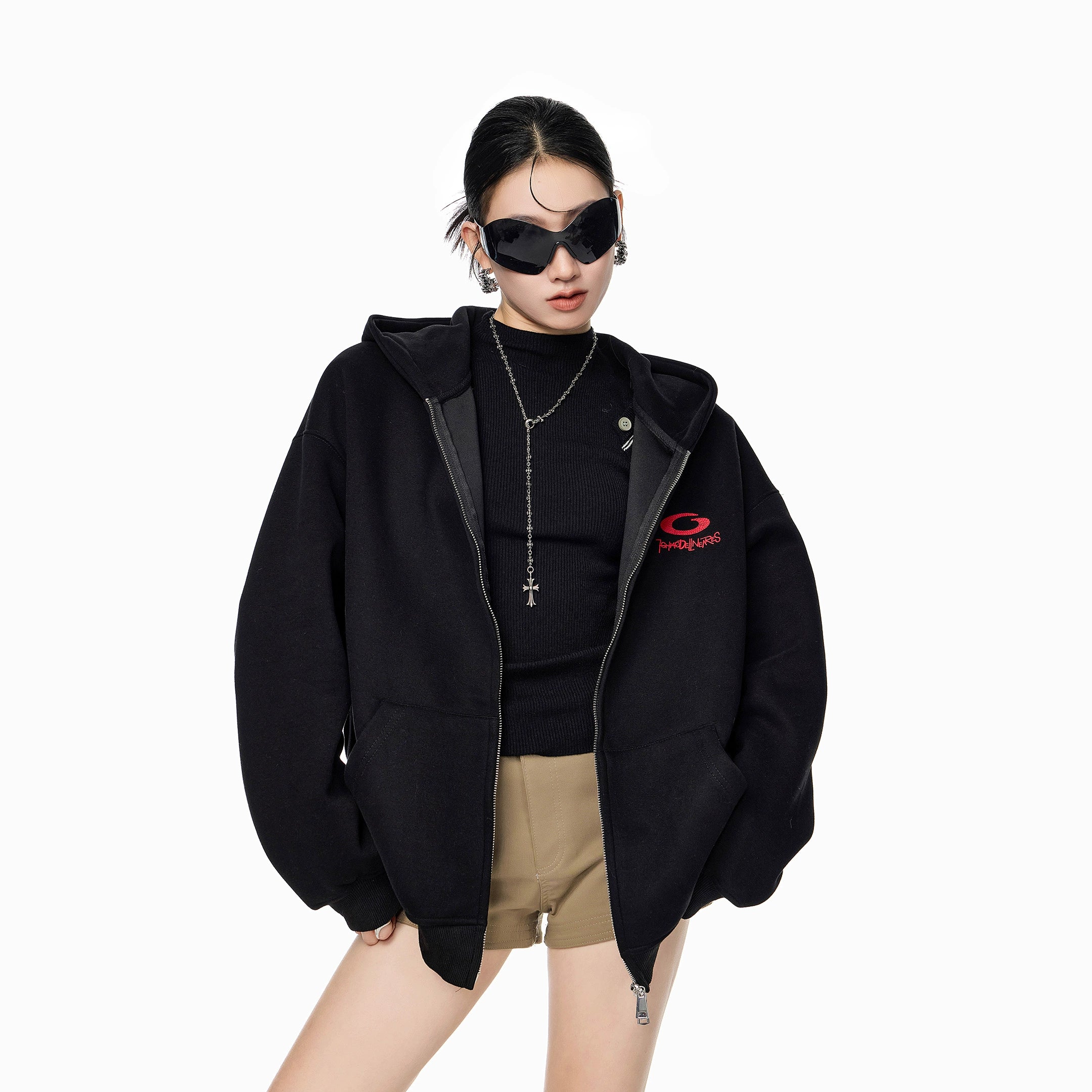 ICH MODE 美式复古刺绣连帽外套女秋冬宽松开衫卫衣休闲百搭上衣