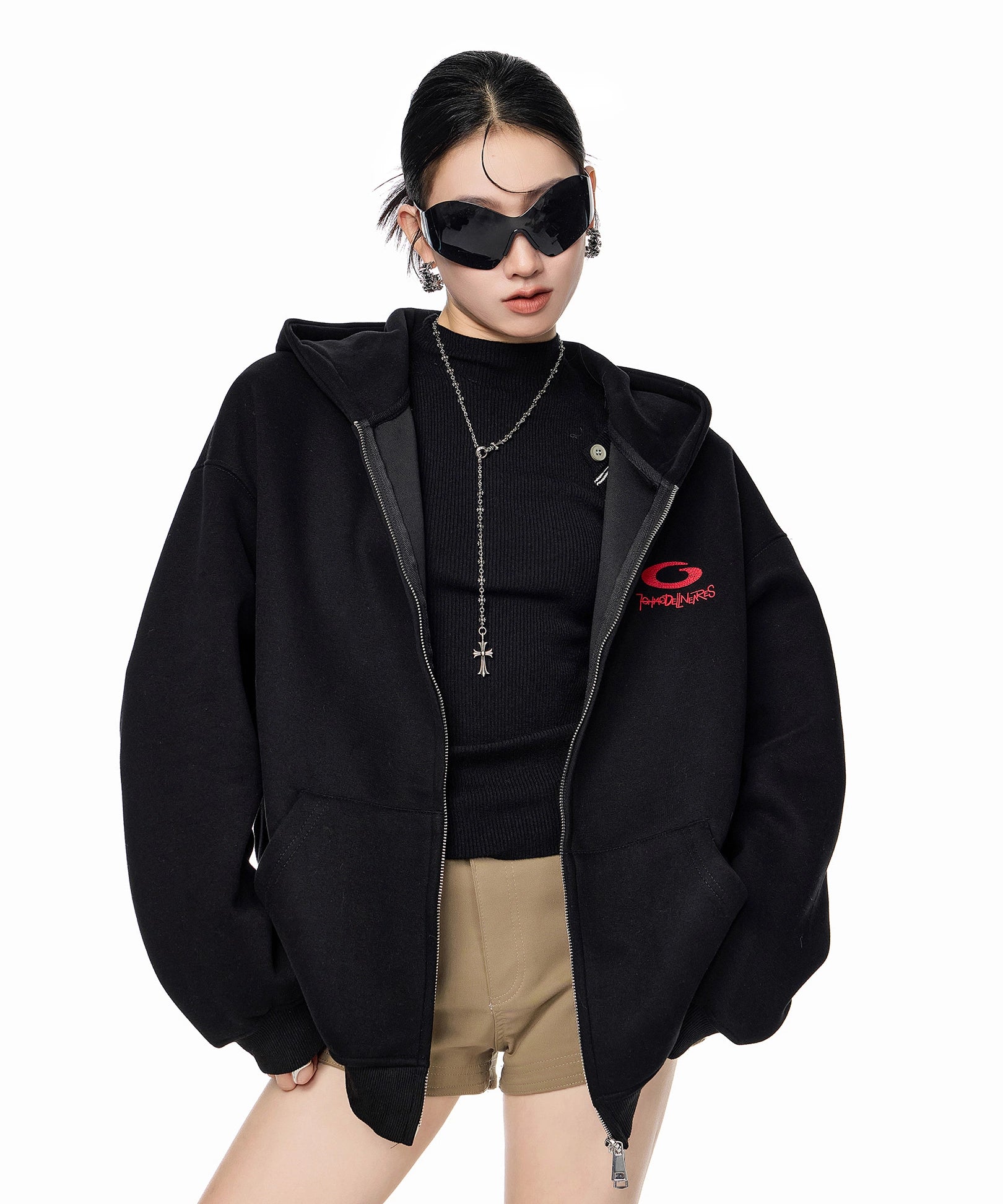 ICH MODE 美式复古刺绣连帽外套女秋冬宽松开衫卫衣休闲百搭上衣