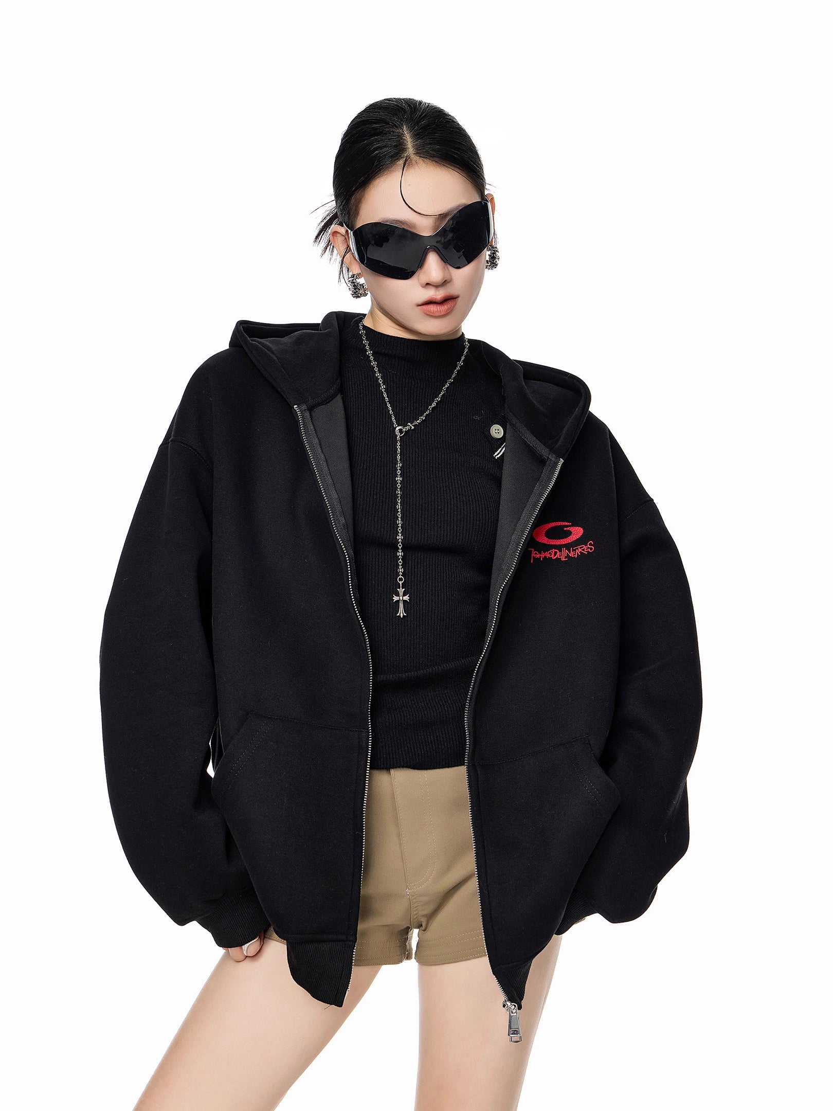 ICH MODE 美式复古刺绣连帽外套女秋冬宽松开衫卫衣休闲百搭上衣