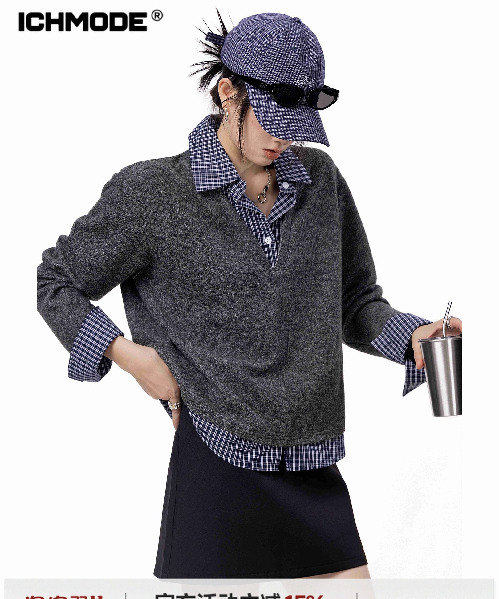 ICH MODE 美式假两件毛针织衫女2025秋冬新款POLO衫毛衣休闲上衣