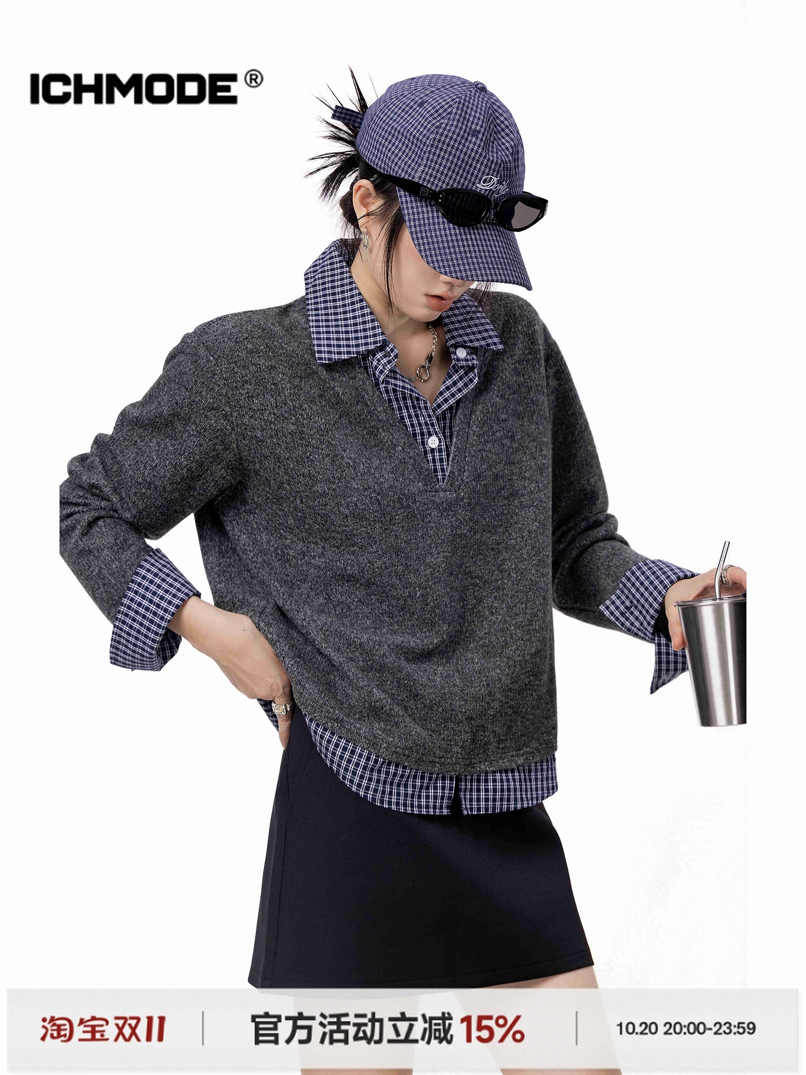 ICH MODE 美式假两件毛针织衫女2025秋冬新款POLO衫毛衣休闲上衣