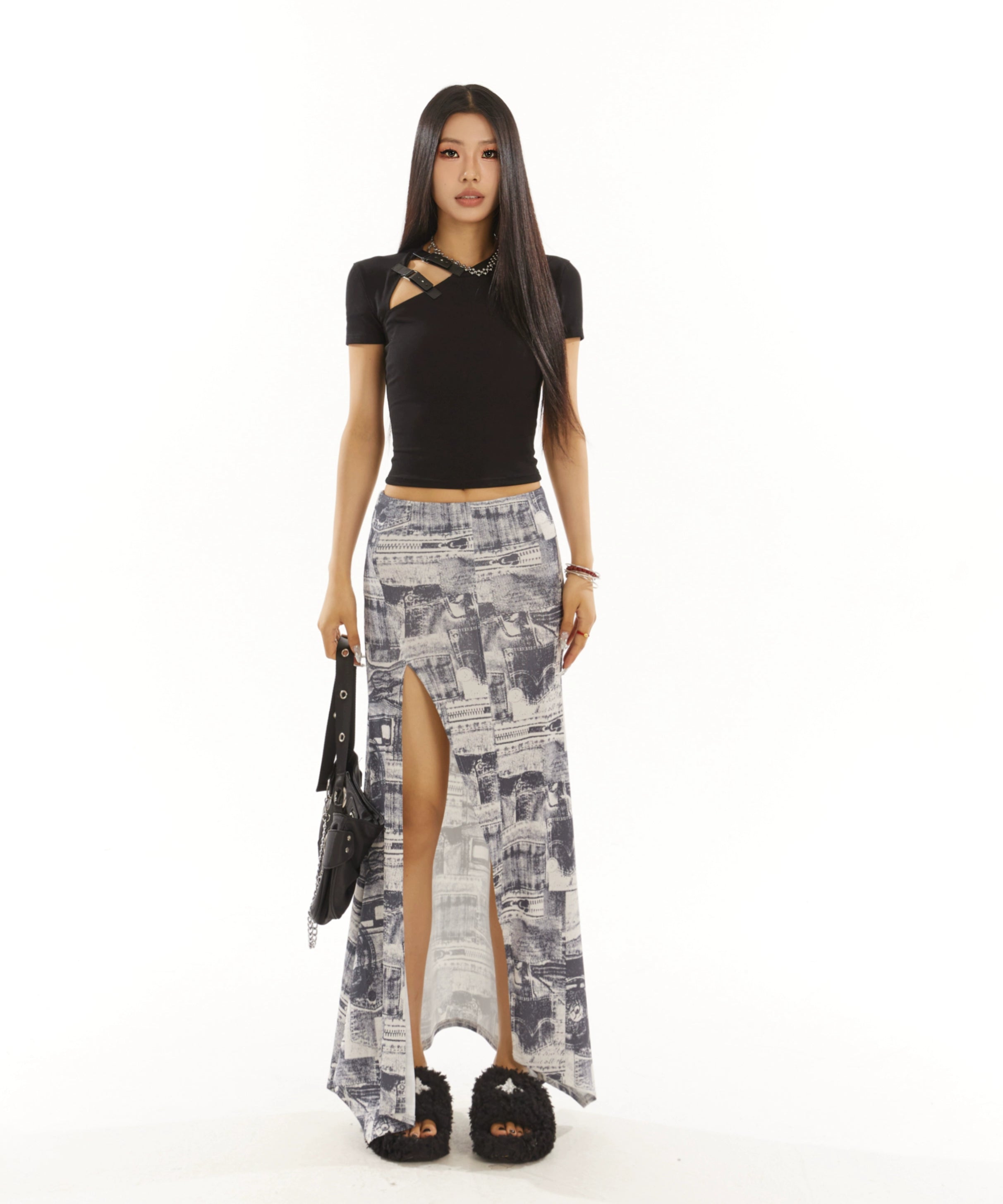 野生zero 印花开叉长裙女夏季低腰a字显瘦设计感小众辣妹鱼尾裙子