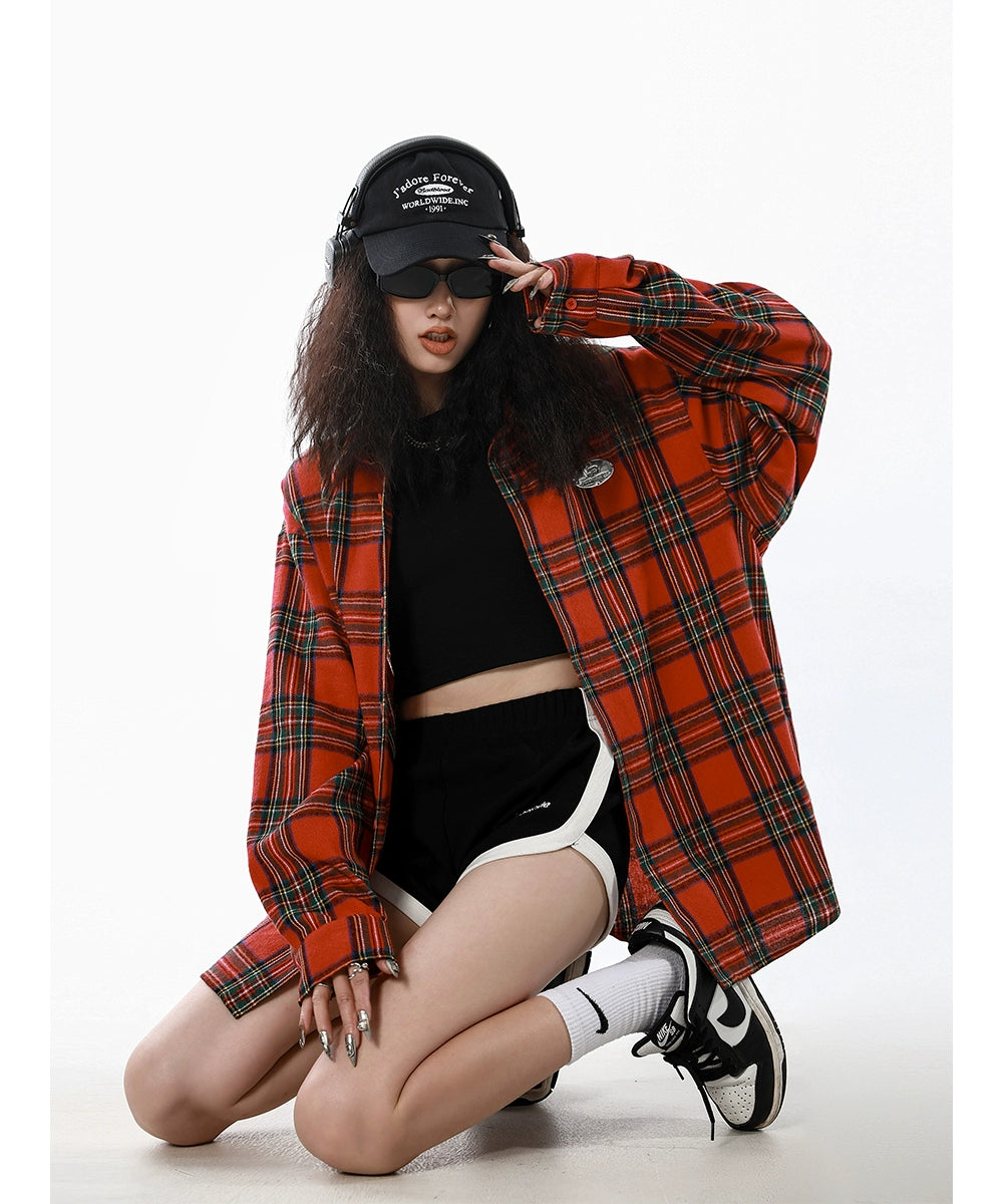 ICH MODE 美式复古格子衬衫女秋新款宽松流行百搭长袖衬衣外套