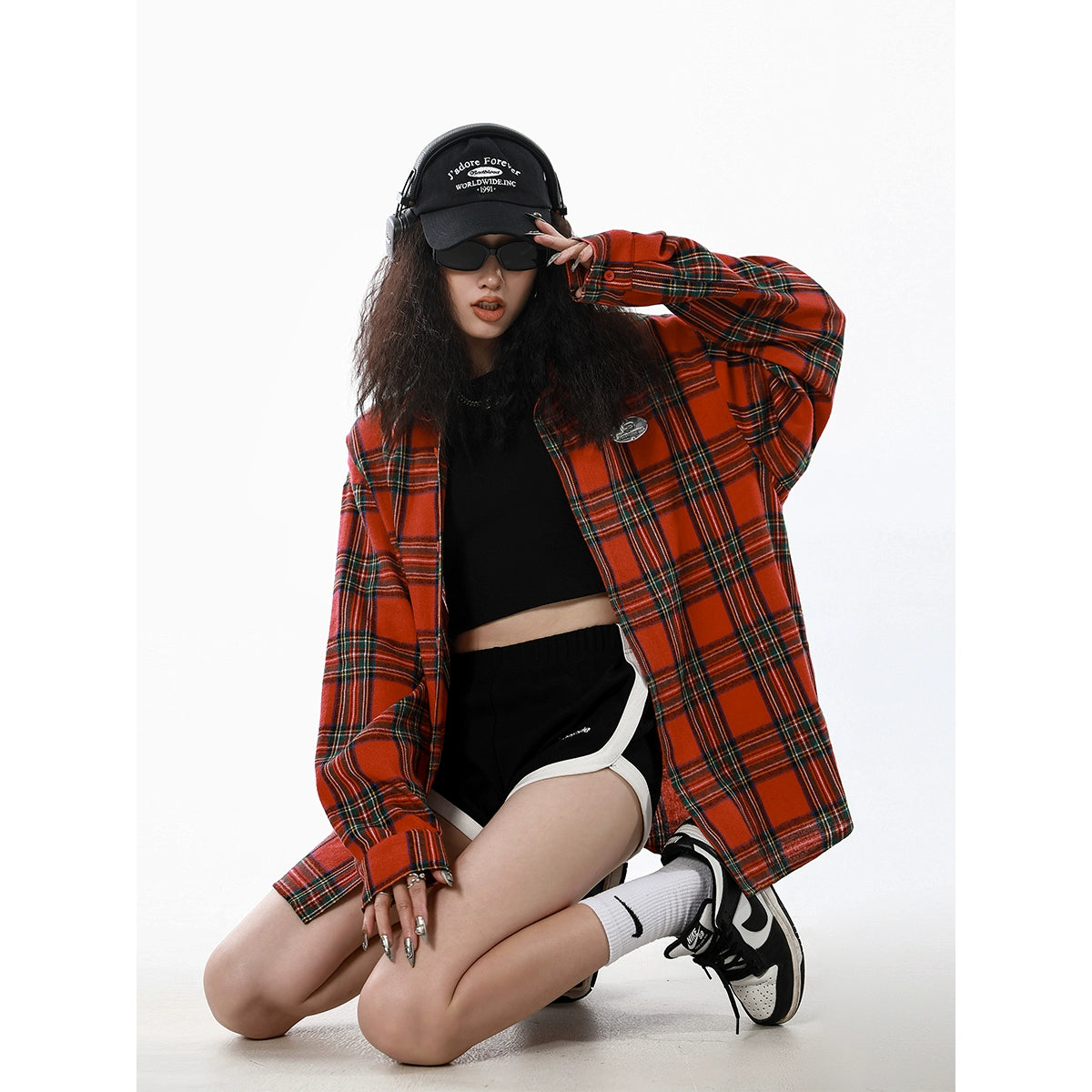 ICH MODE 美式复古格子衬衫女秋新款宽松流行百搭长袖衬衣外套