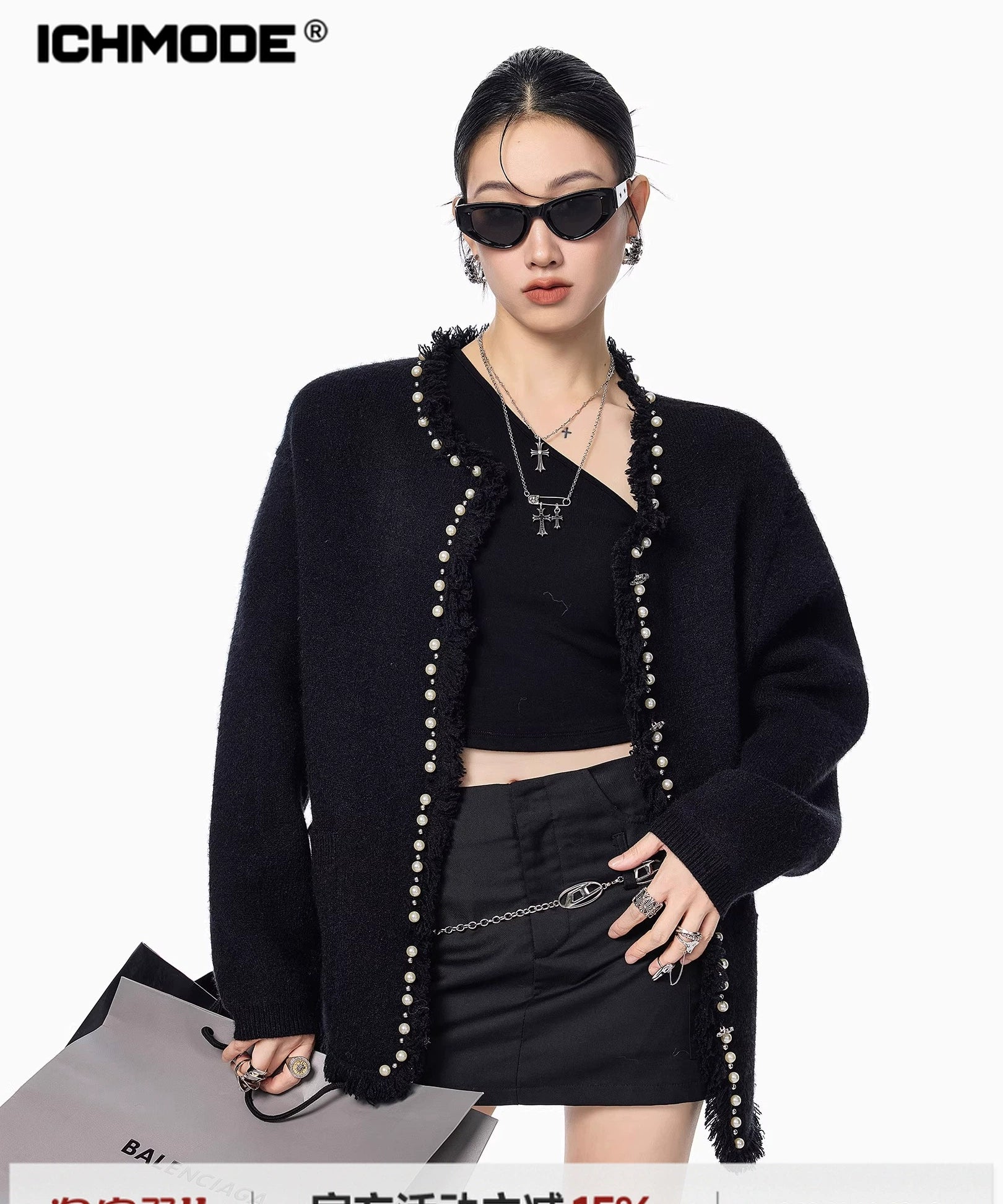 ICH MODE 美式复古珍珠流苏针织开衫女秋冬季小香风慵懒毛衣外套