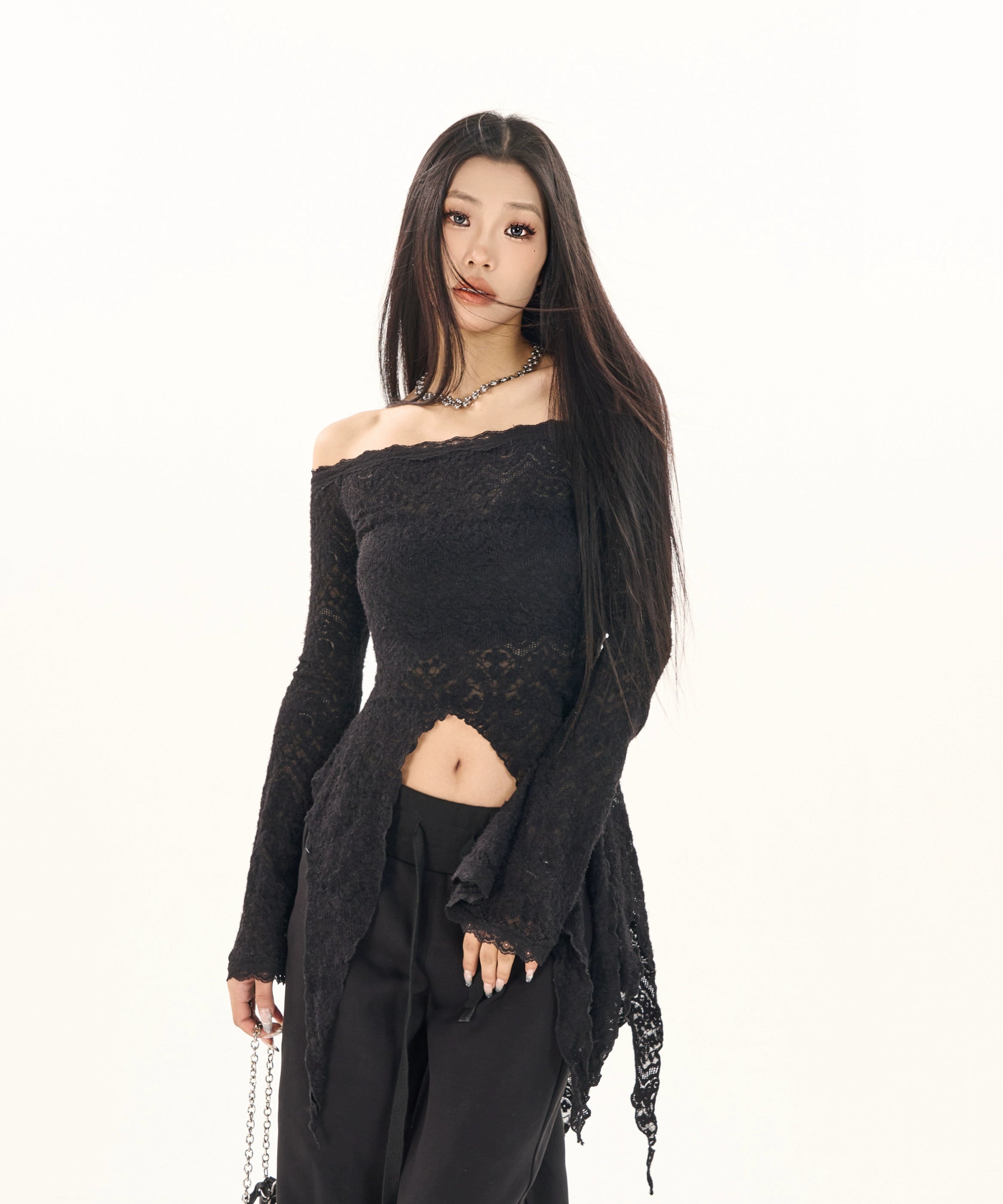 野生zerocircle黑色中长款修身蕾丝衫女春季辣妹喇叭袖一字肩上衣